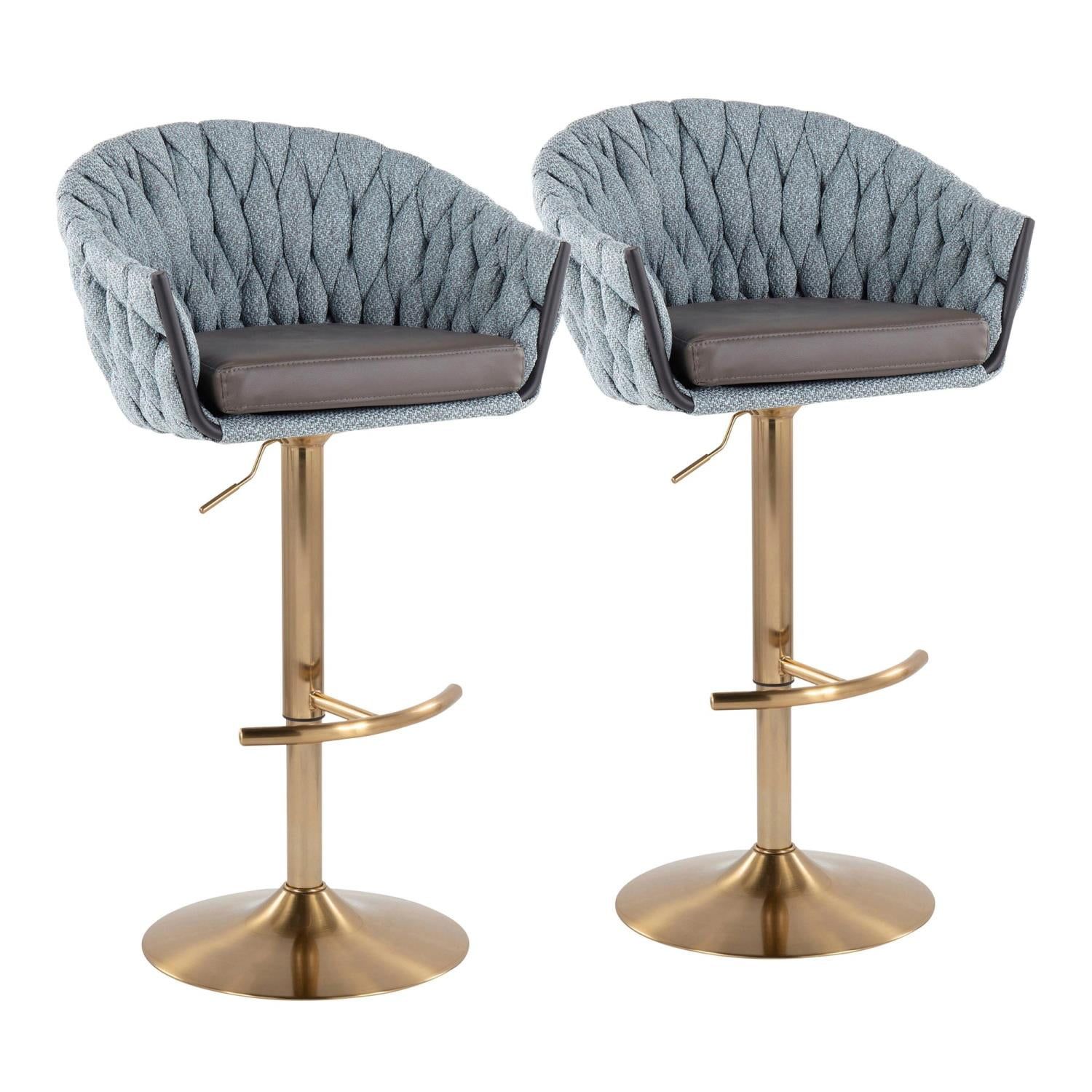 Braided Blue Faux Leather Adjustable Bar Stools with Gold Base, Set of 2