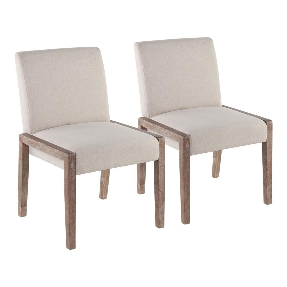 Set of 2 Beige Upholstered Dining Chairs with White Washed Wood Frame