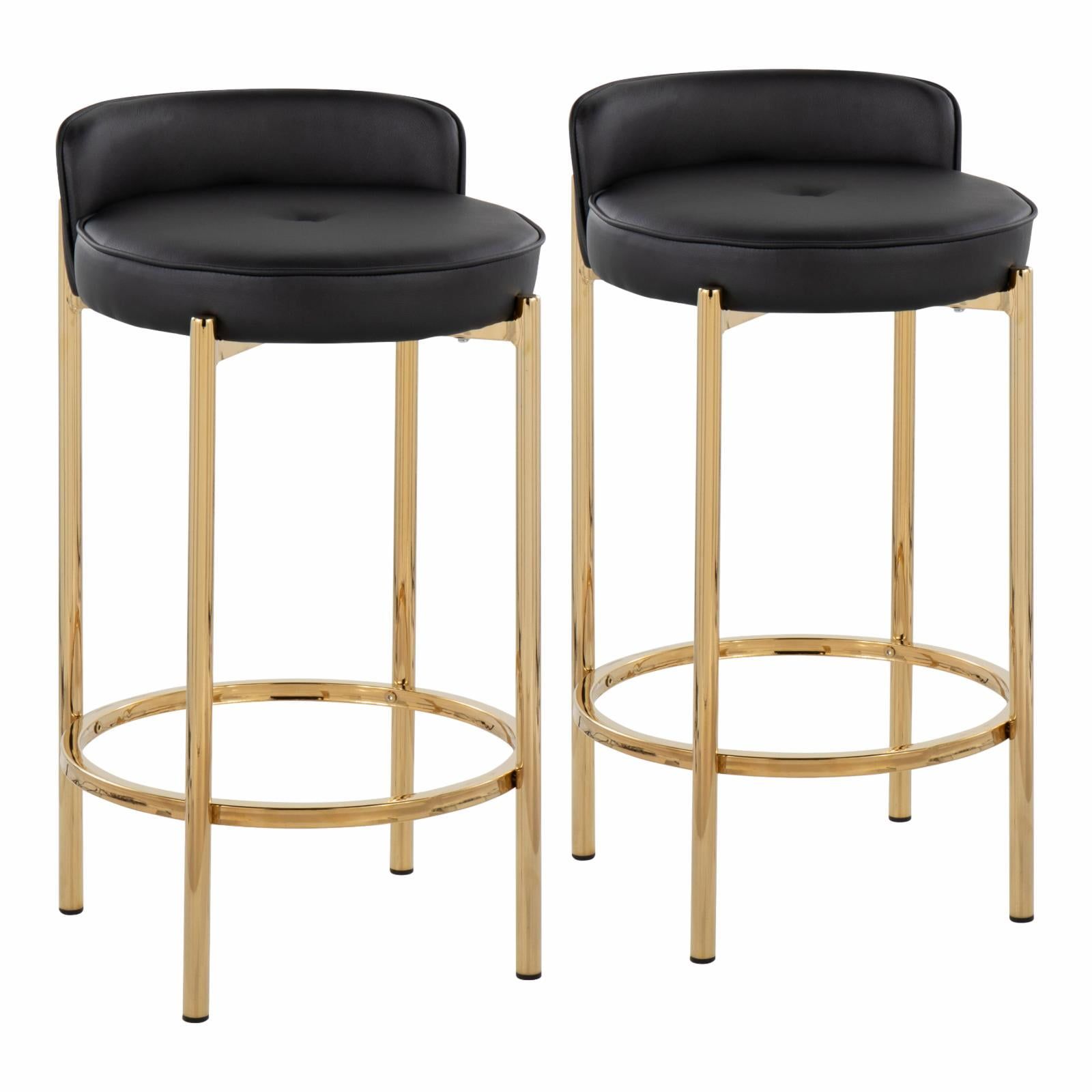 Gold Metal and Black Faux Leather Counter Stool Set, 29 in Height