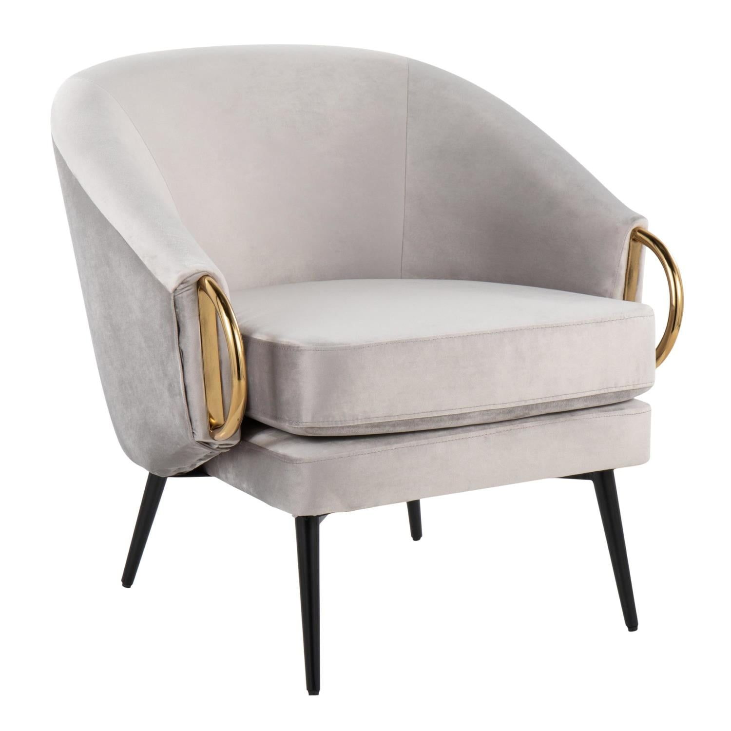 Silver Velvet and Gold Metal Barrel Accent Chair