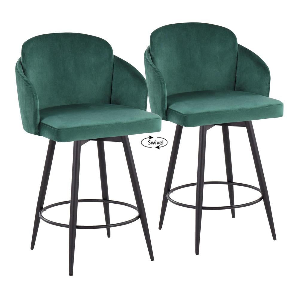 Dahlia Green Velvet Swivel Counter Stools with Metal Legs, Set of 2