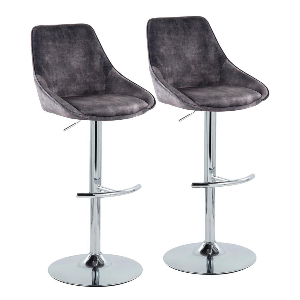 Diana Adjustable Chrome and Grey Velvet Swivel Bar Stools, Set of 2