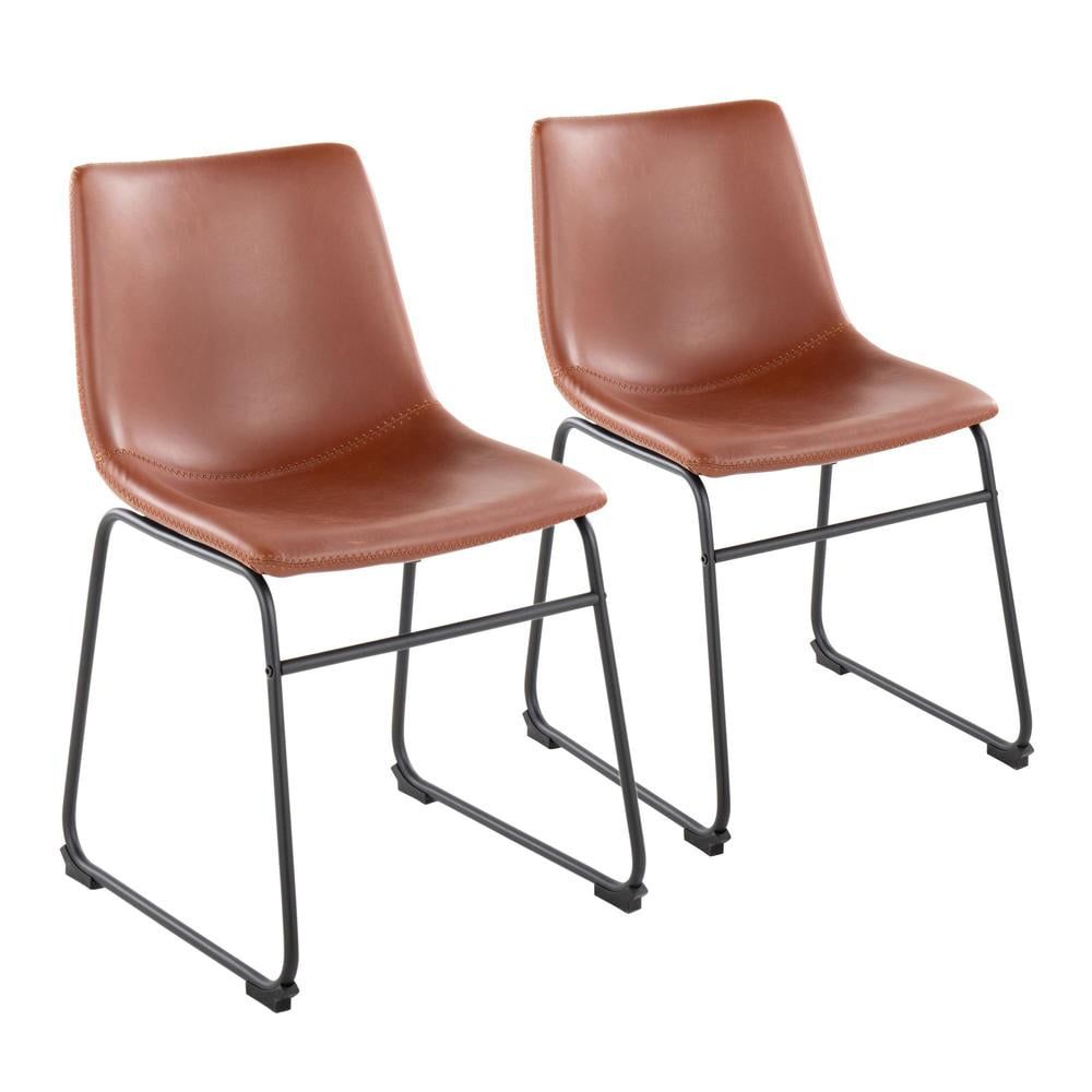 Cognac Faux Leather Upholstered Side Chair with Metal Legs, Set of 2