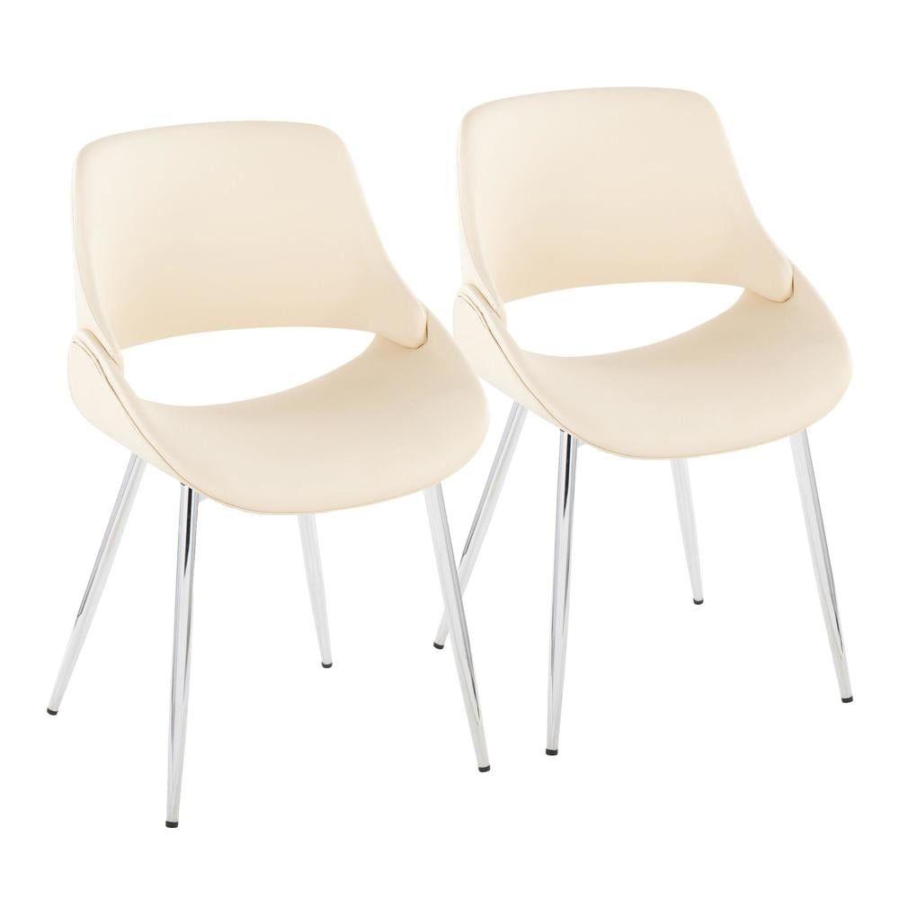 Cream Faux Leather and Chrome Metal Upholstered Side Chair Set