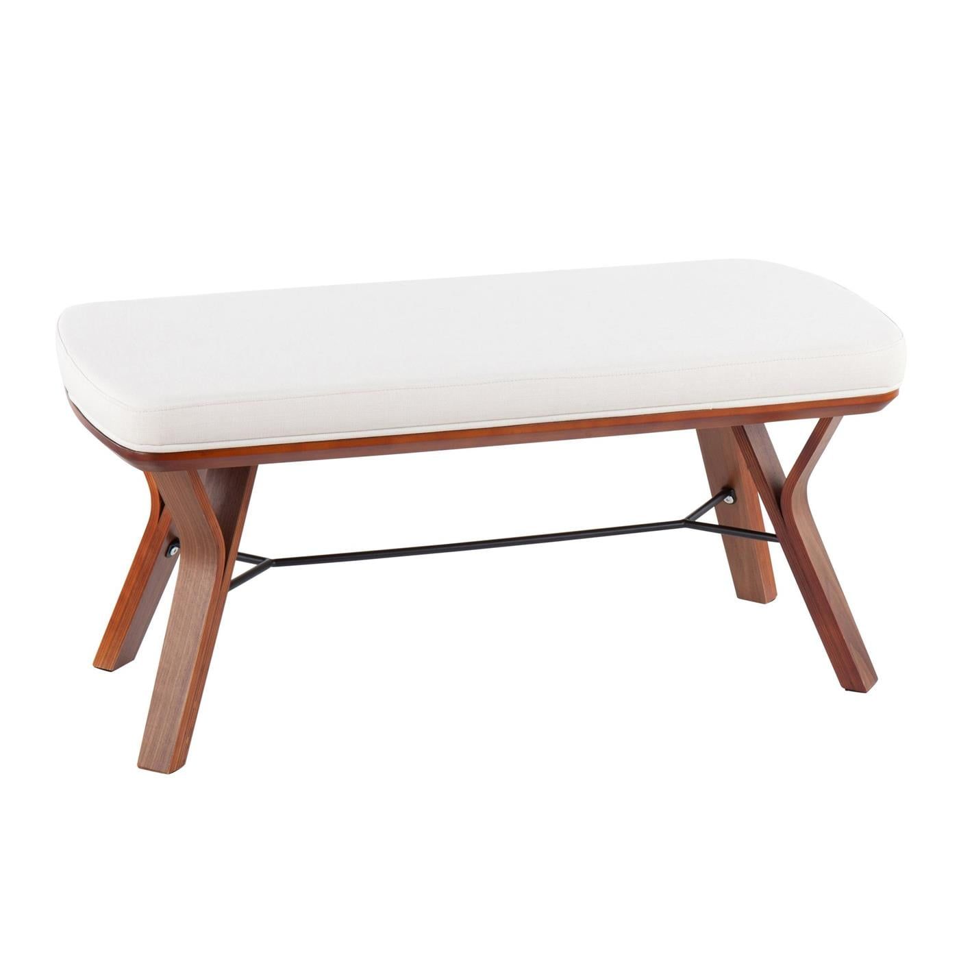 Mid-Century Modern White Wood Bench with Cushioned Seat