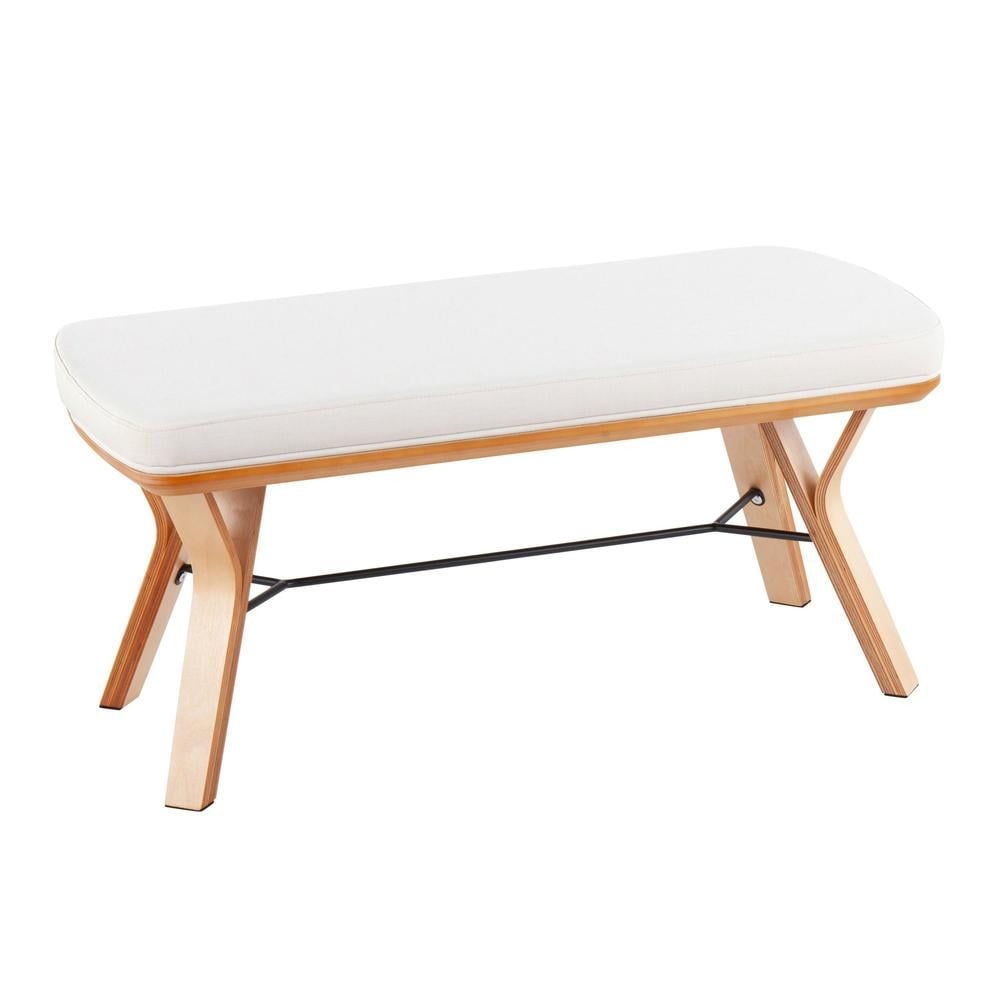 Mid-Century Modern White Fabric and Wood Bench