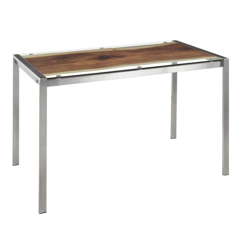 Rectangular Brown Glass Dining Table with Stainless Steel Frame