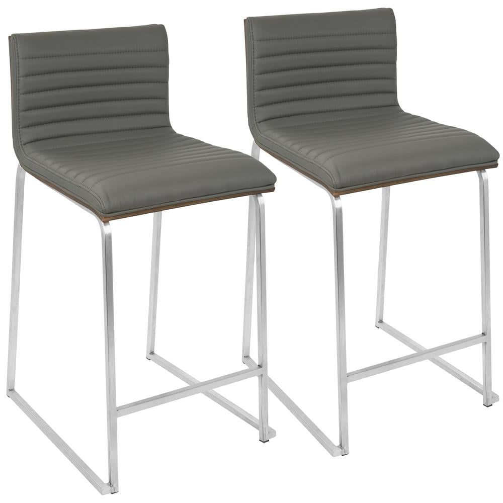 Contemporary Gray Faux Leather and Wood Metal Counter Stool