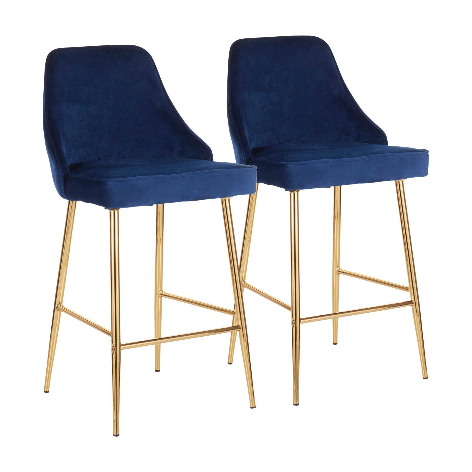 Marcel Blue Velvet and Gold Metal Counter Stools, Set of 2