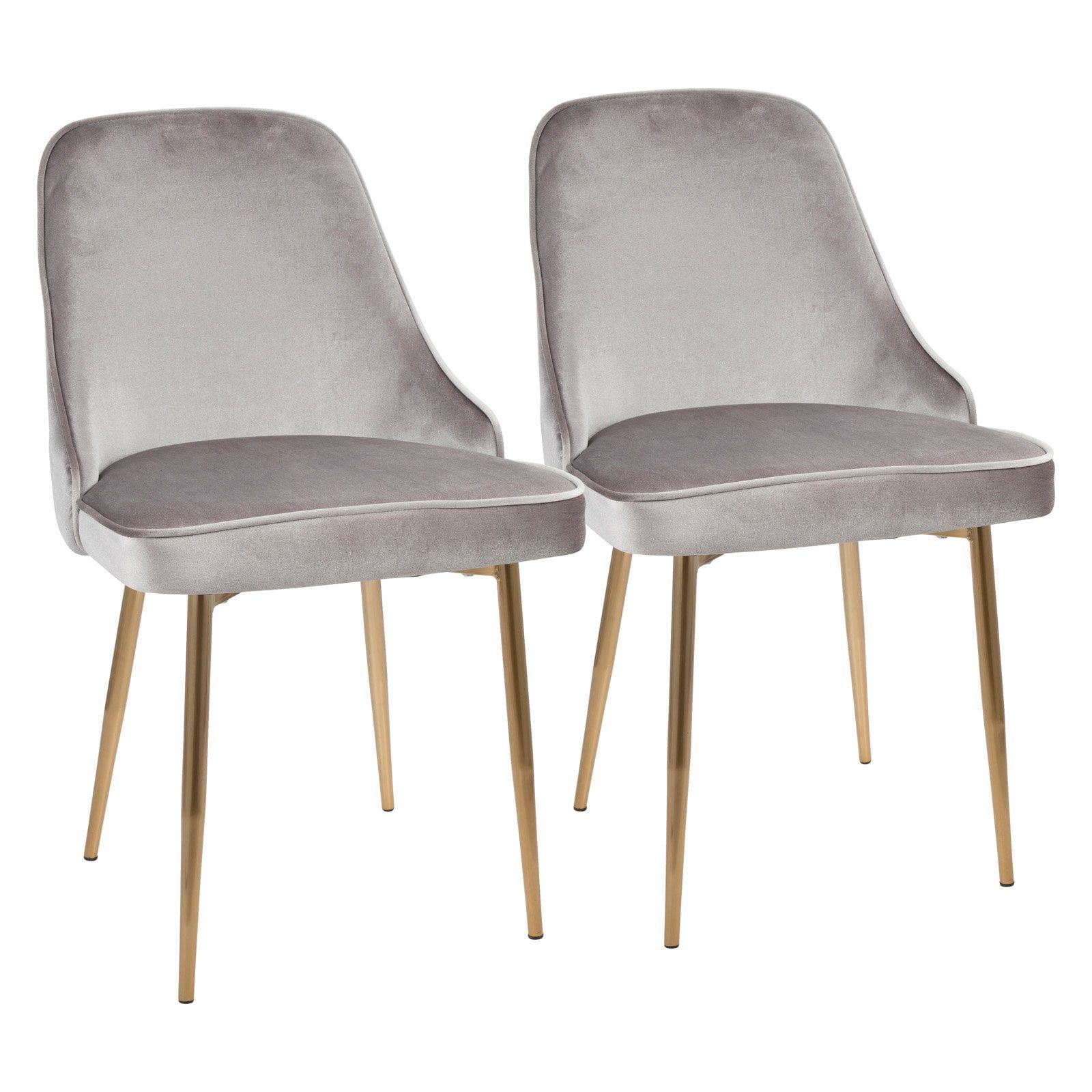 Set of 2 Gray Velvet Upholstered Dining Chairs with Gold Tapered Legs