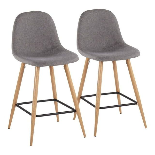 Mid-Century Modern Charcoal Fabric and Natural Metal Counter Stools, Set of 2