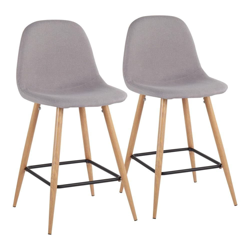 Mid-Century Modern Natural Metal and Light Grey Fabric Counter Stool