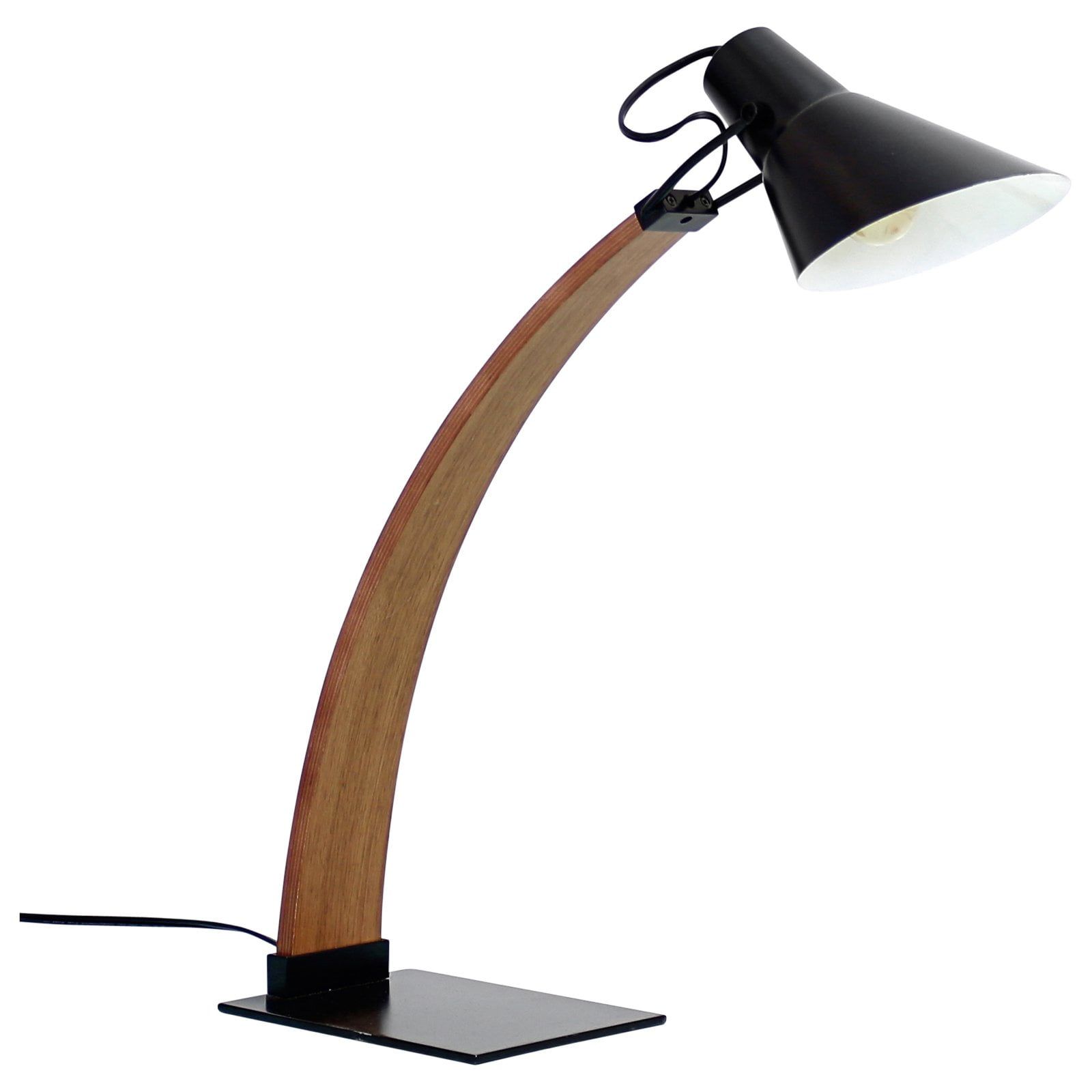 Adjustable Walnut and Black Arc Desk Lamp