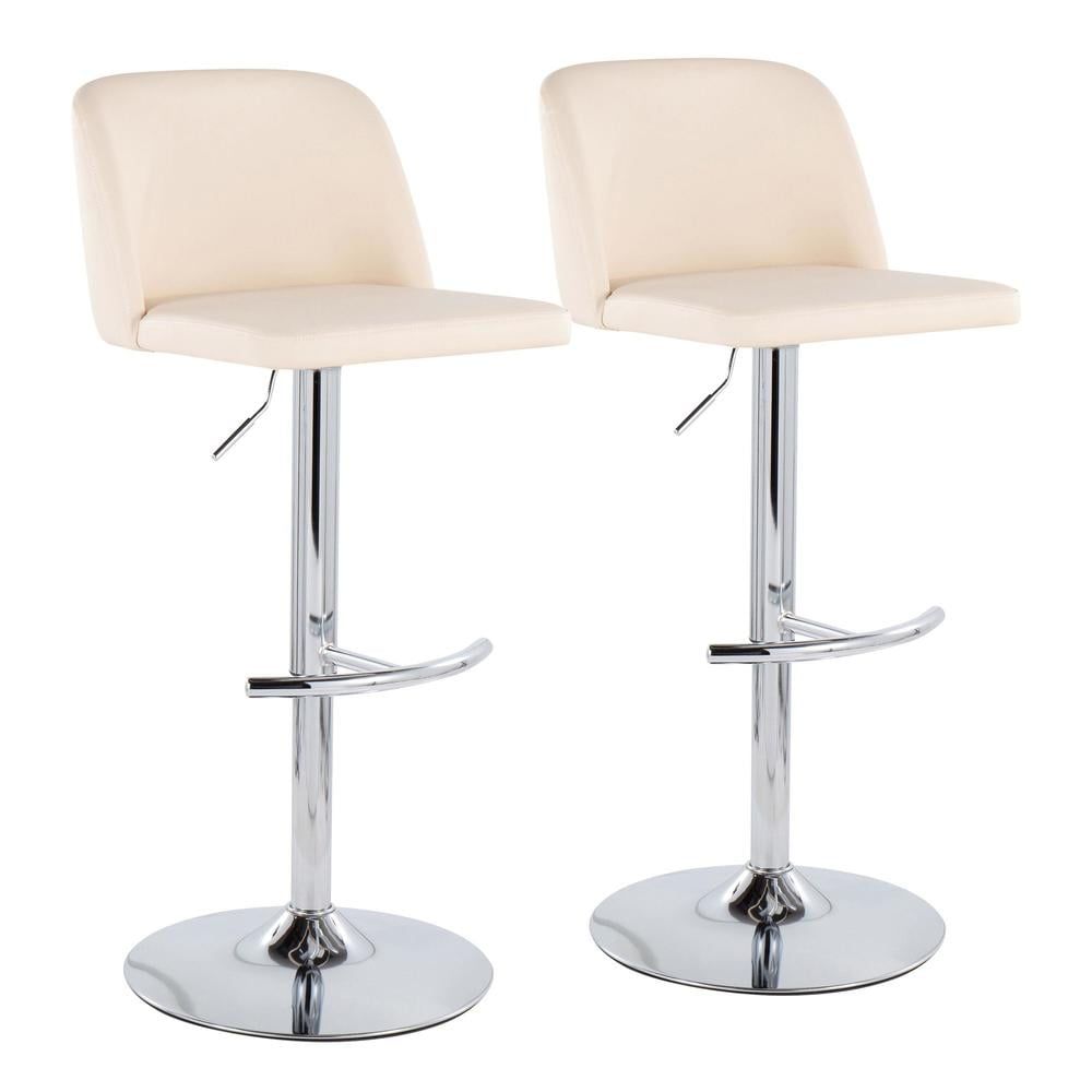 Toriano Beige Faux Leather Adjustable Swivel Bar Stools with Chrome Base, Set of 2