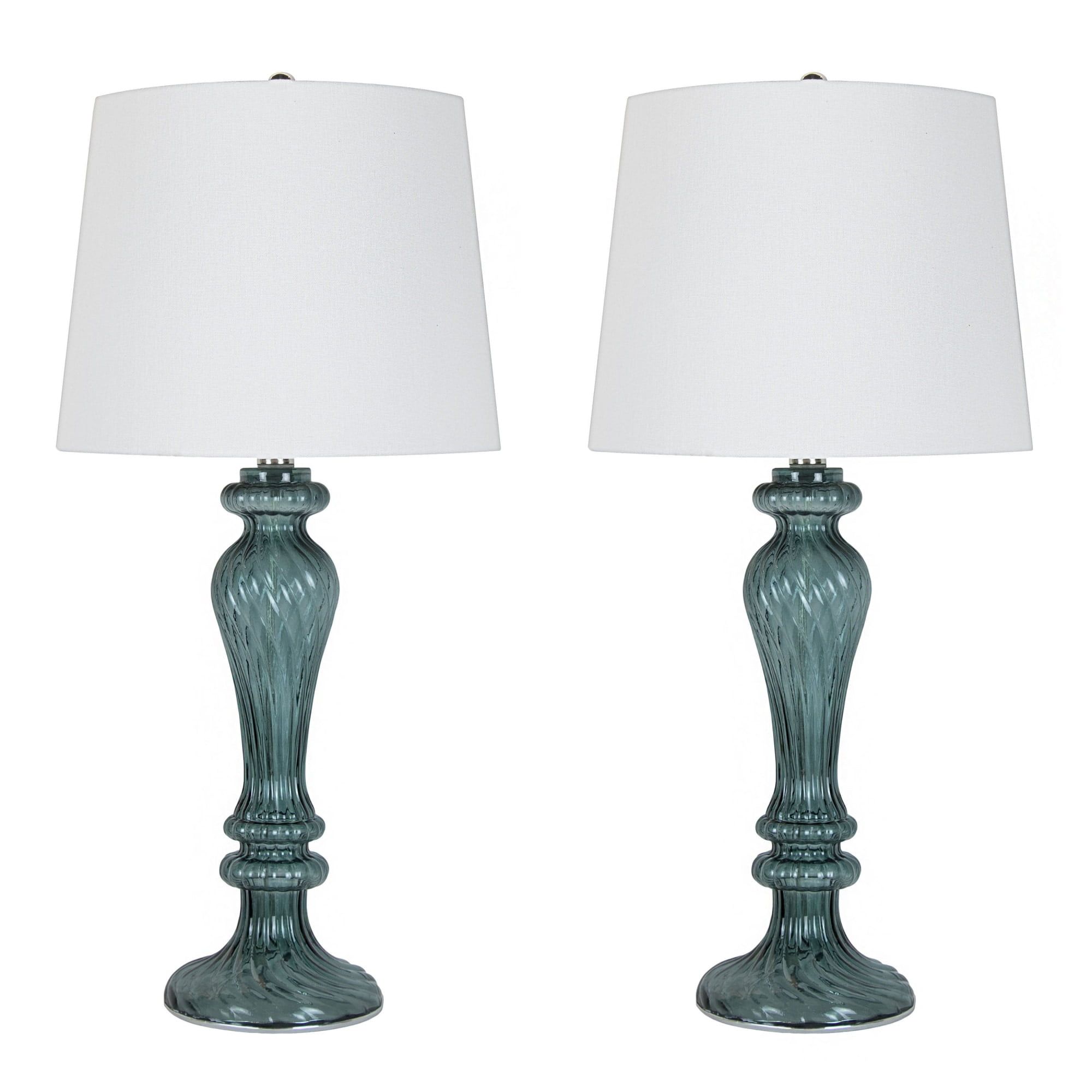 Set of 2 Smokey Turquoise Glass Table Lamps with White Linen Shades