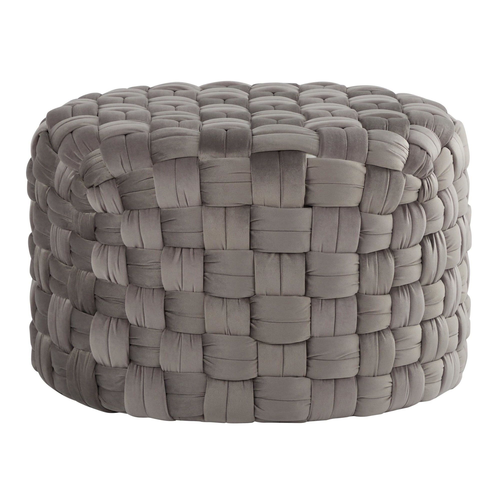 Braided Dark Grey Velvet Round Ottoman