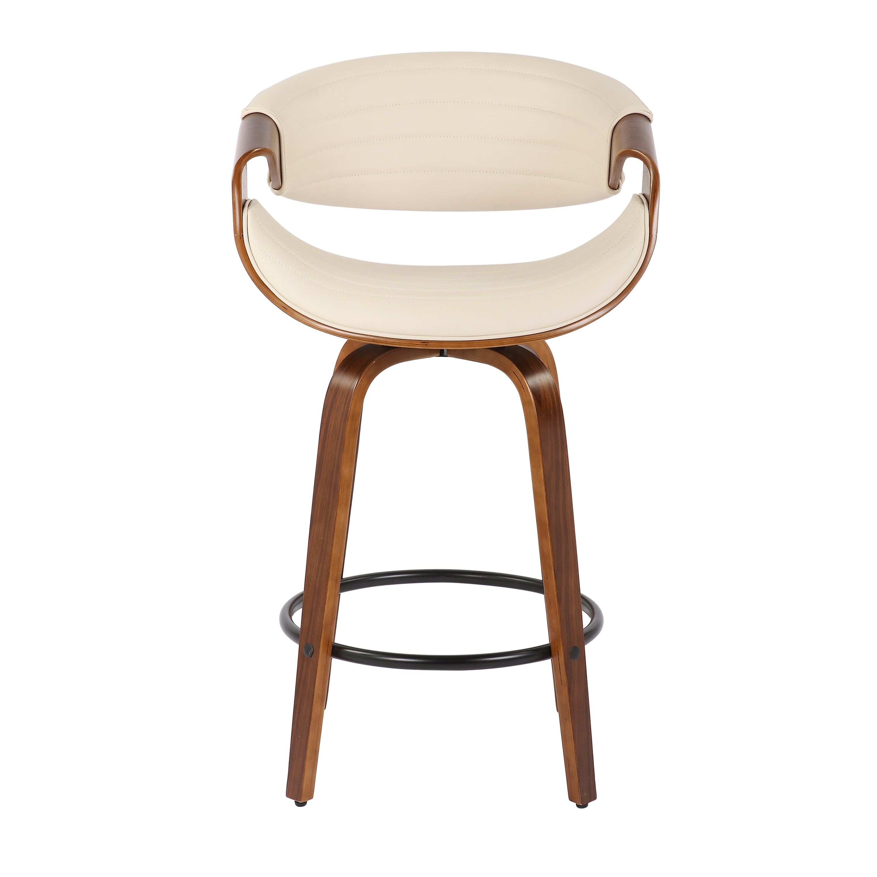 Mid-Century Modern Cream Leatherette Walnut Swivel Stool Set