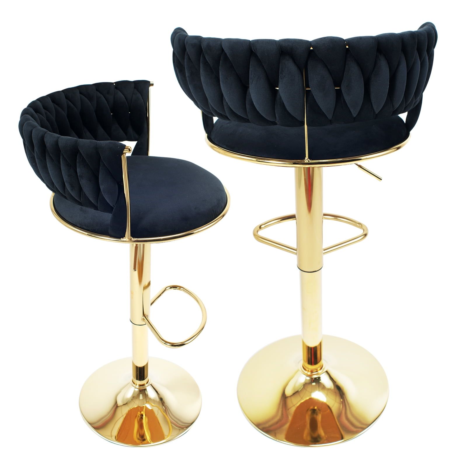 Black Velvet Adjustable Swivel Bar Stools with Gold Frame, Set of 2