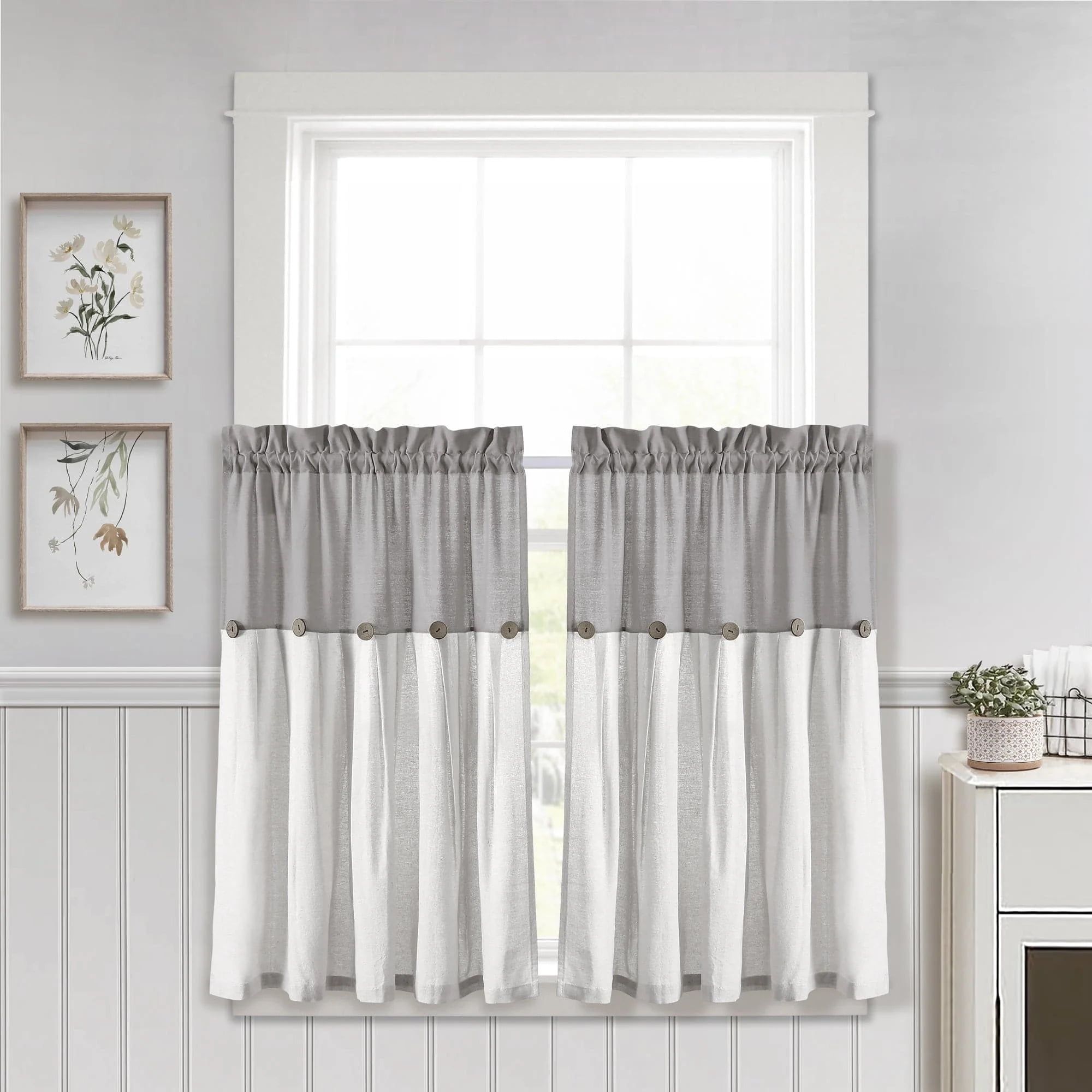 Gray and Off-White Cotton Blend Kitchen Tier Curtains with Rustic Buttons