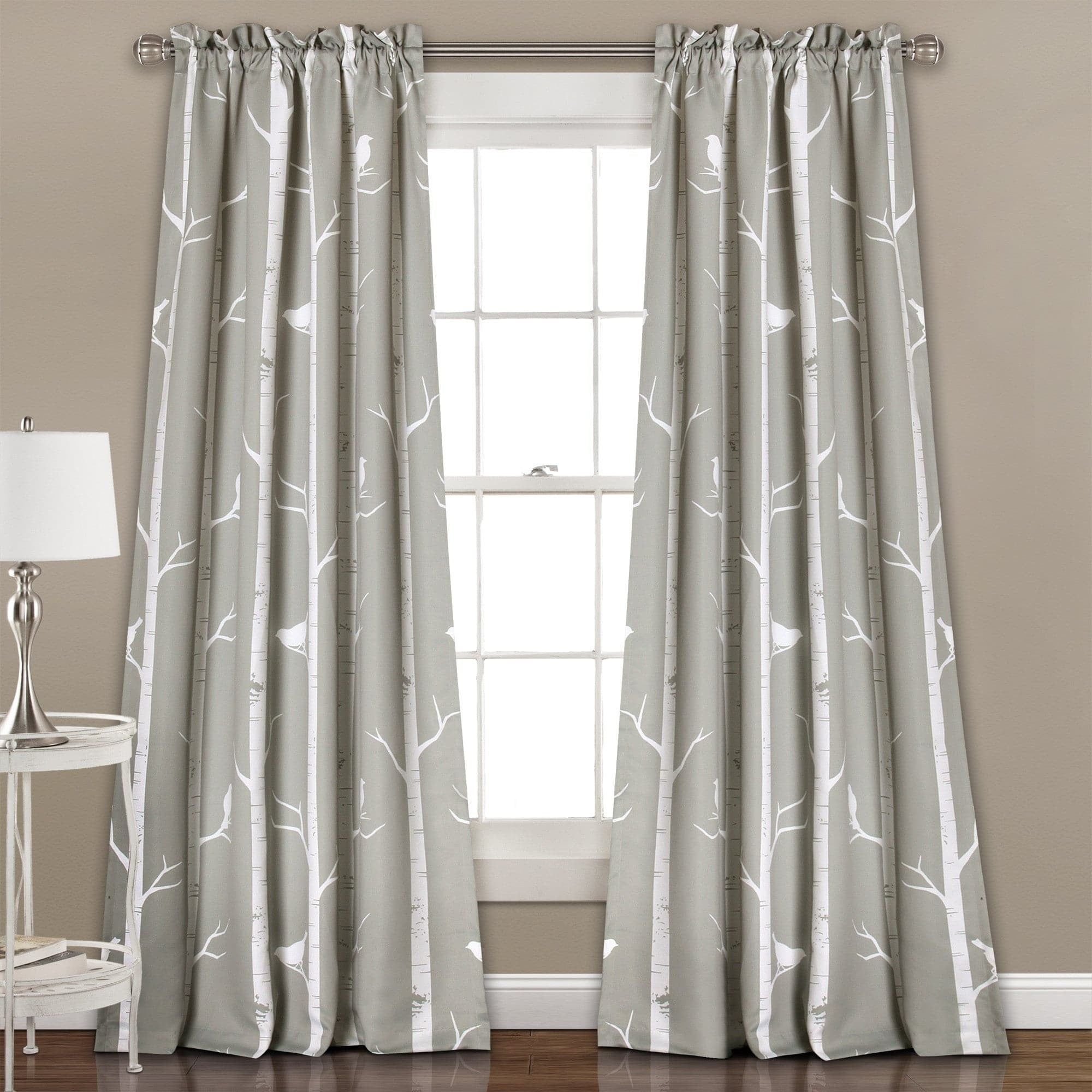 Gray Polyester Bird Print Room Darkening Curtains