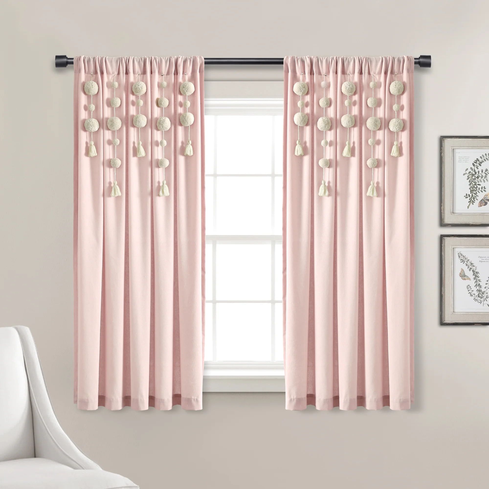 Blush Cotton Linen Window Panel with Pom Pom Tassels