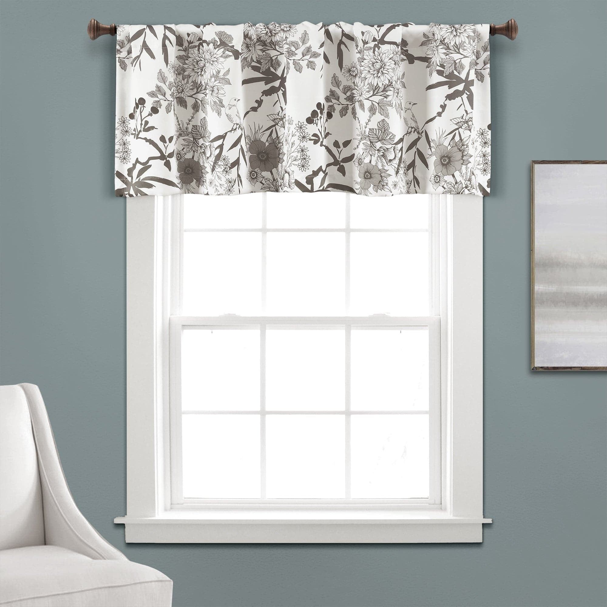 White and Gray Floral Light-Filtering Valance with Rod Pocket