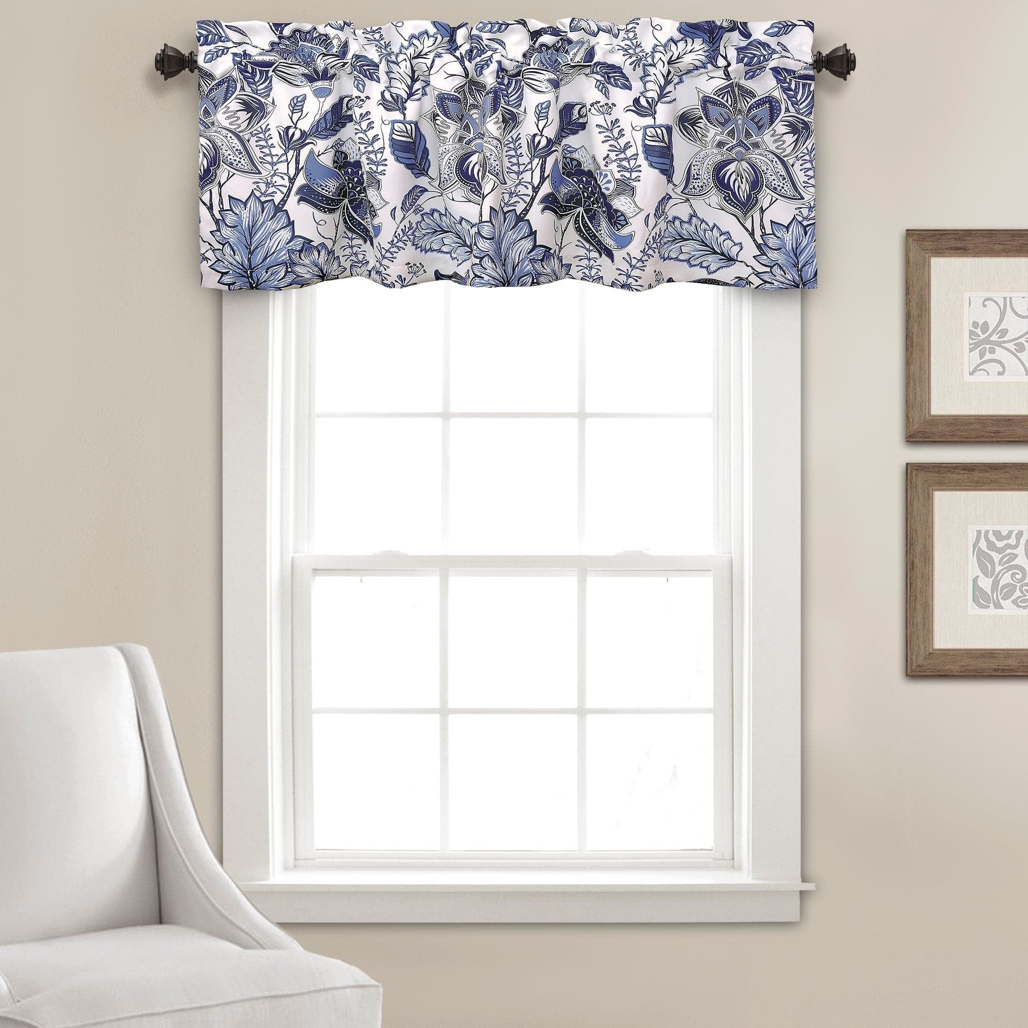 Blue Jacobean Floral Polyester Rod Pocket Valance, 18" x 52"