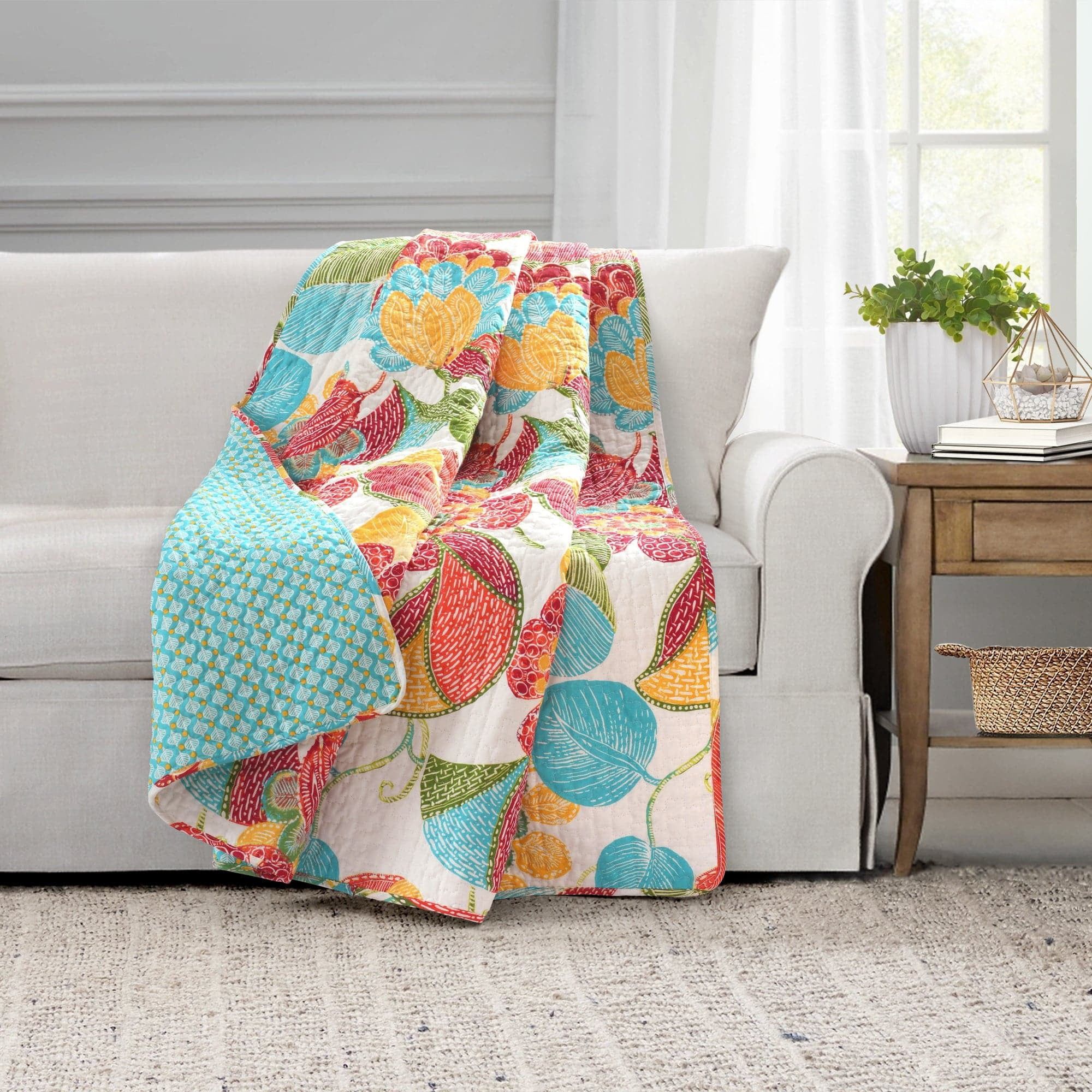 Layla Floral Orange and Blue Reversible Cotton Throw Blanket