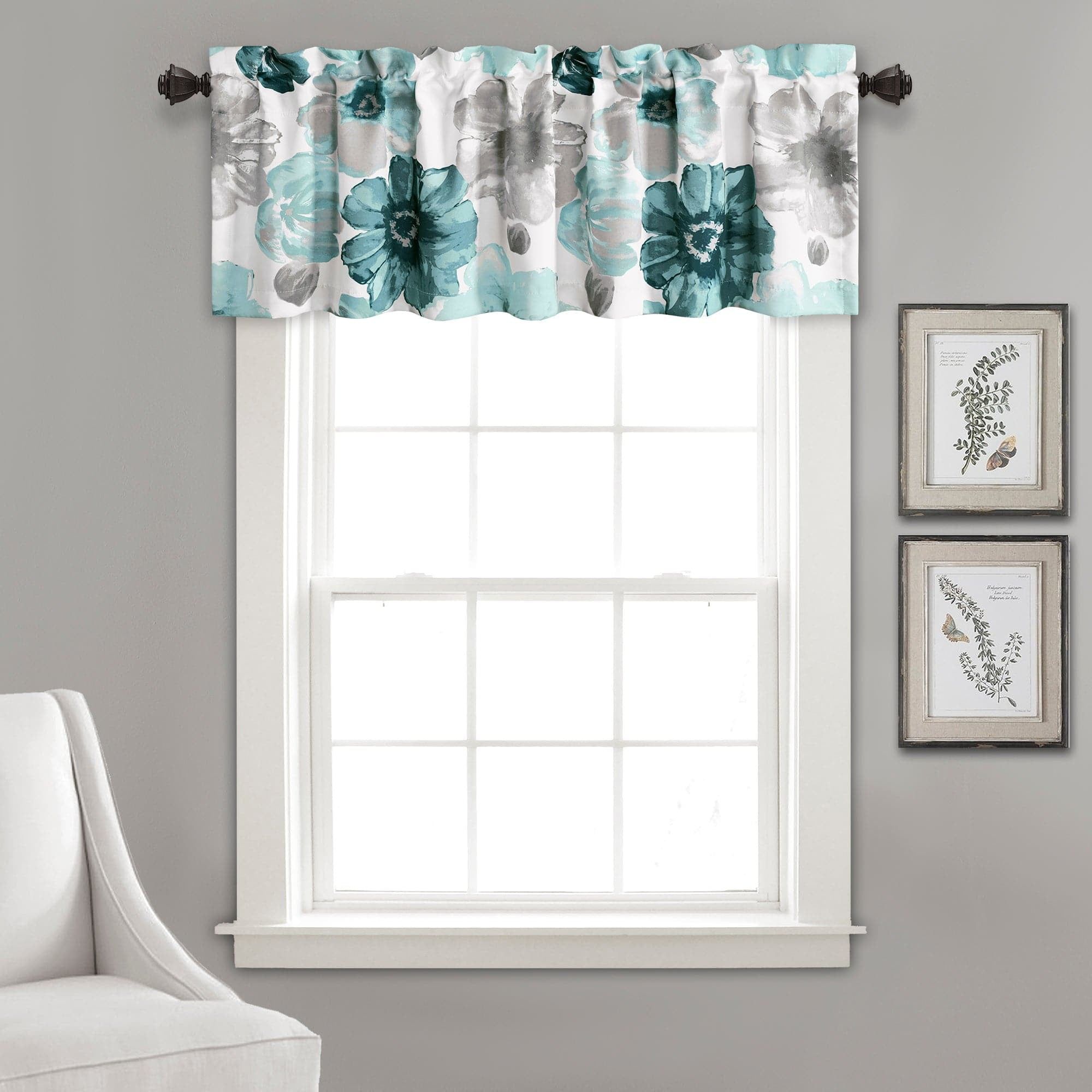 Blue Floral Polyester Rod Pocket Valance