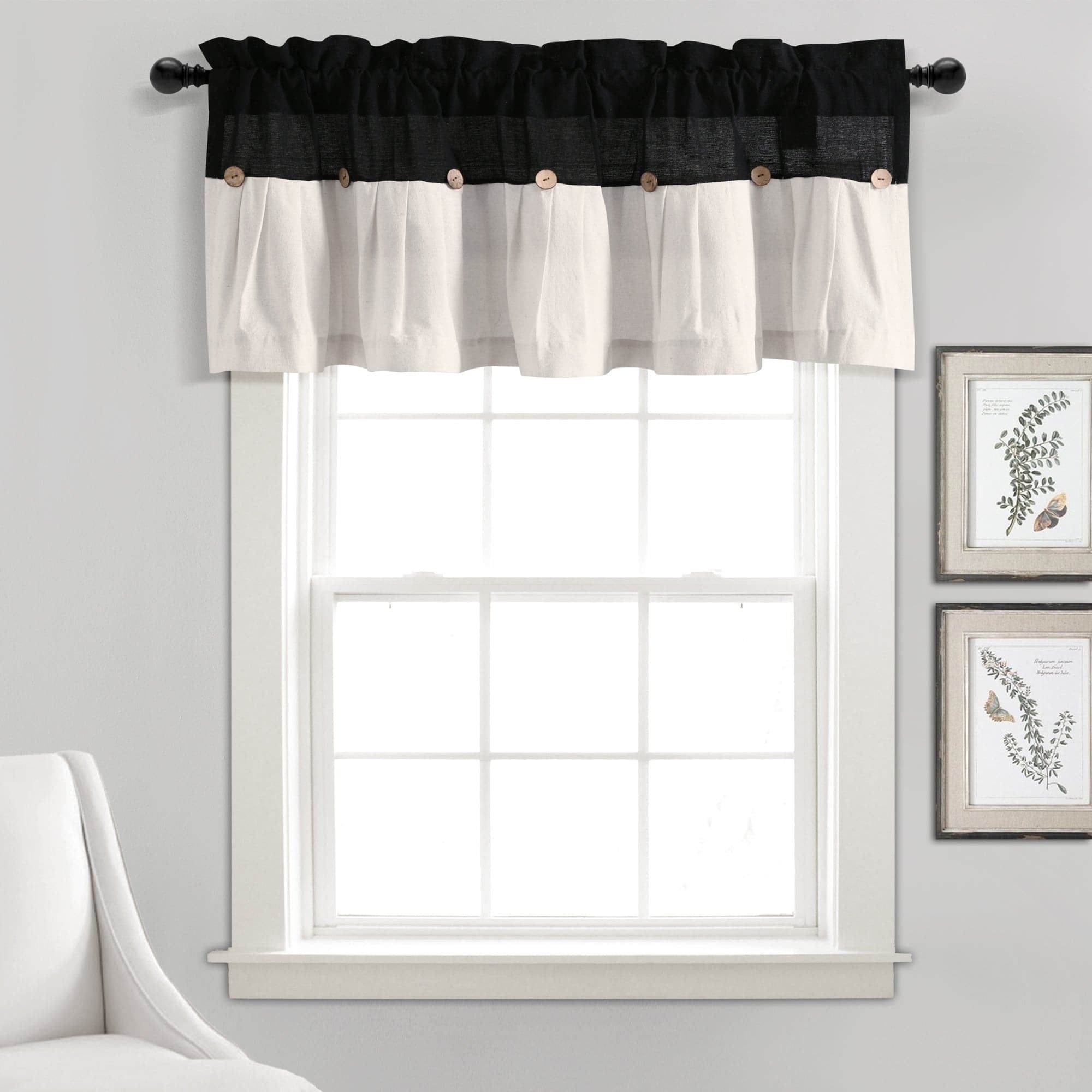 Black and Off-White Linen Button Valance with Coconut Husk Detail