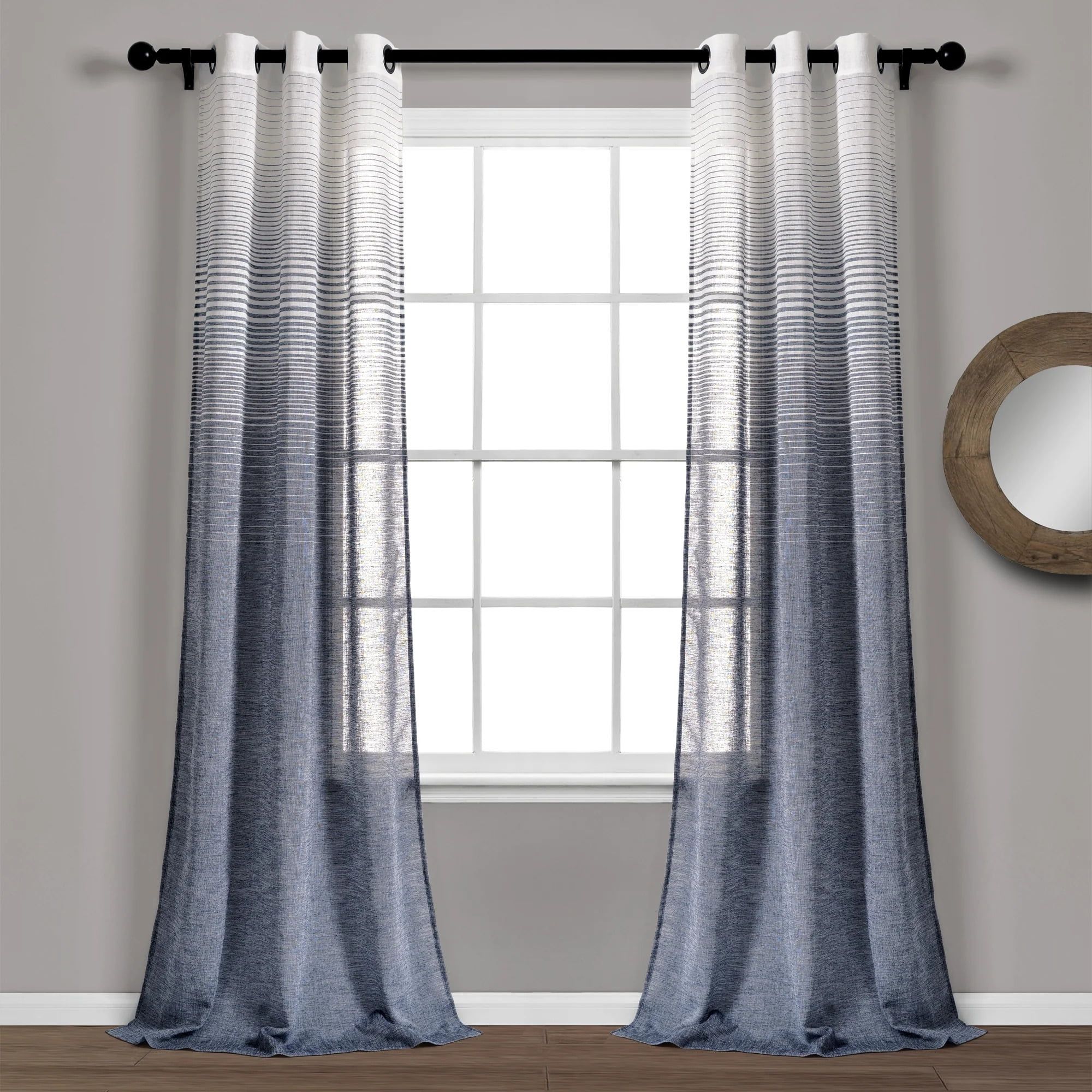 Navy Ombre Stripe Grommet Sheer Cotton Polyester Window Panels