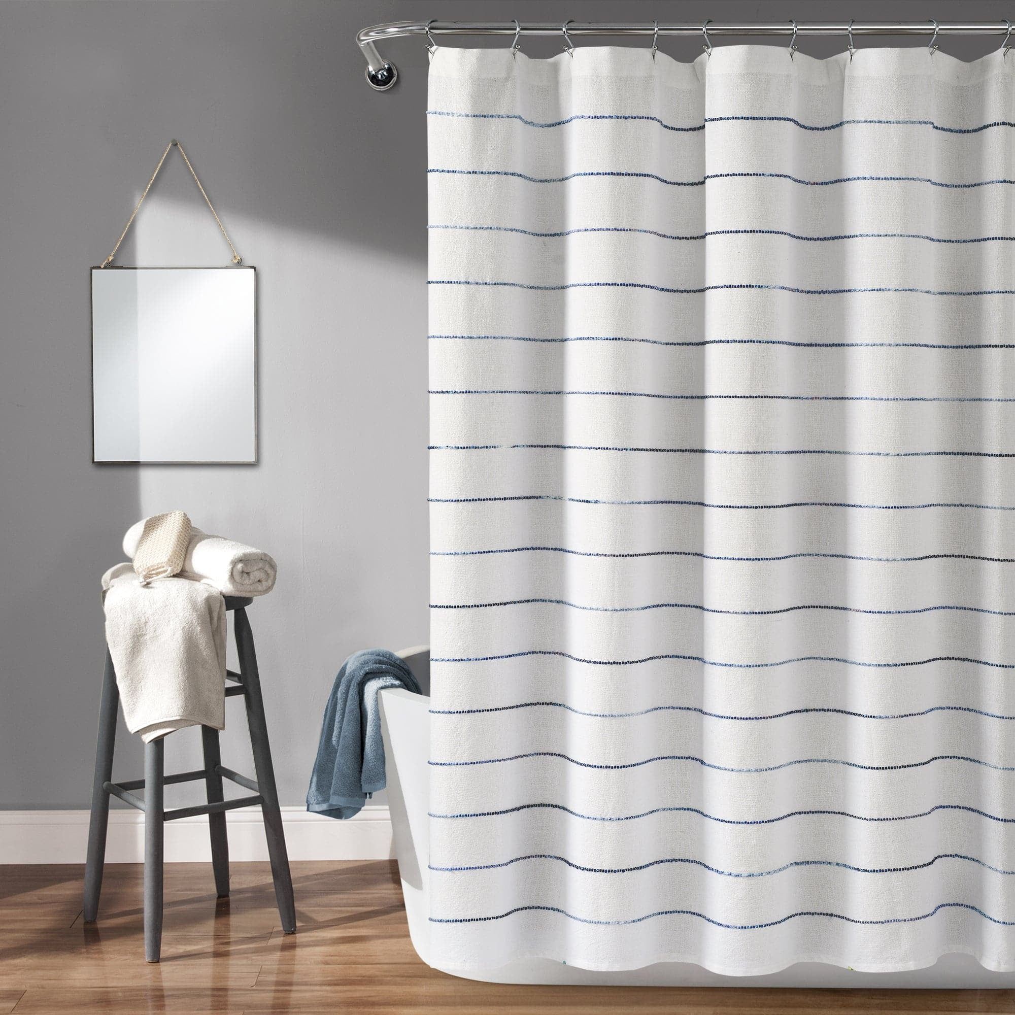 Navy and White Ombre Stripe Cotton Shower Curtain