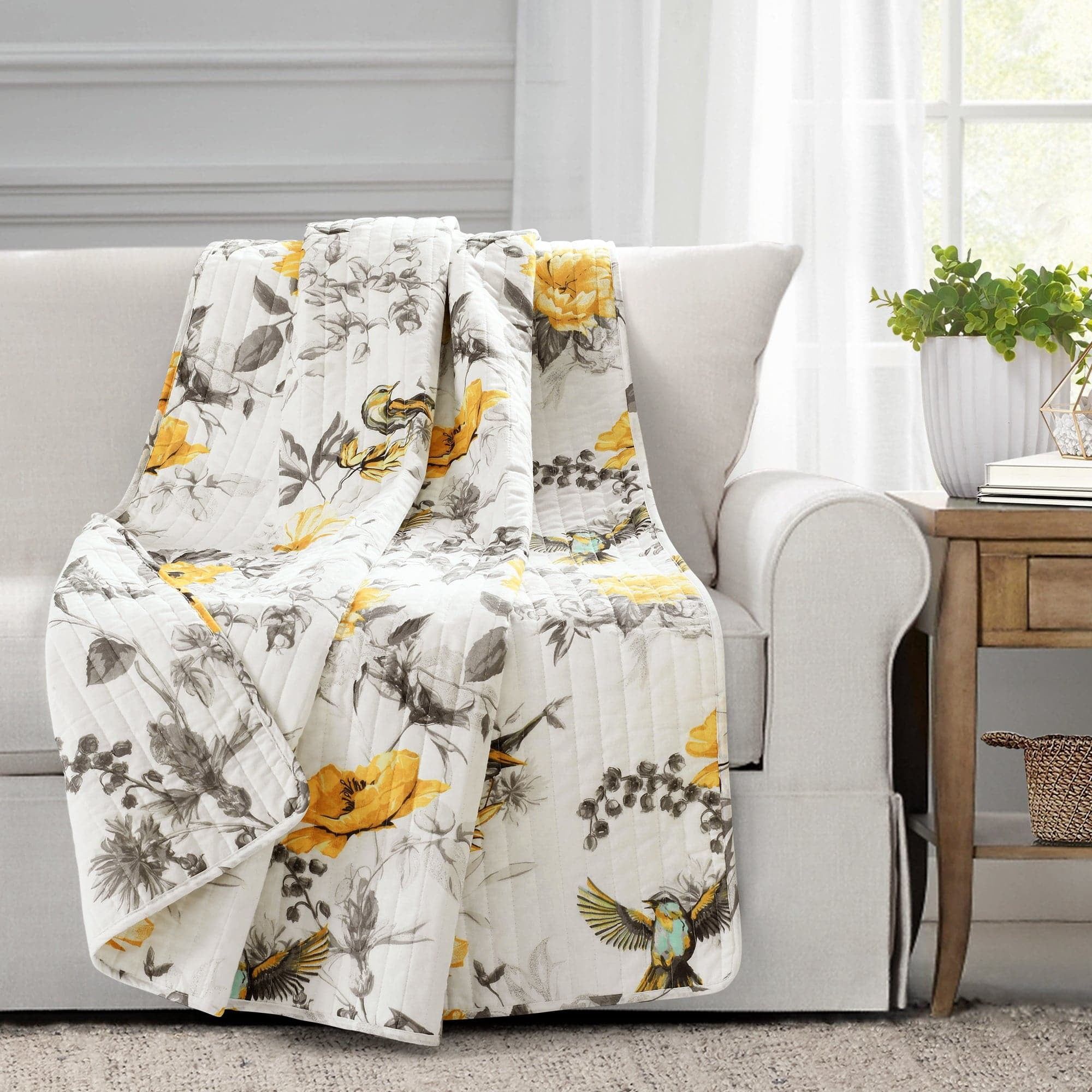 Serene Blossom Dual-Sided Cotton Throw - Yellow & Gray, 60"x50"