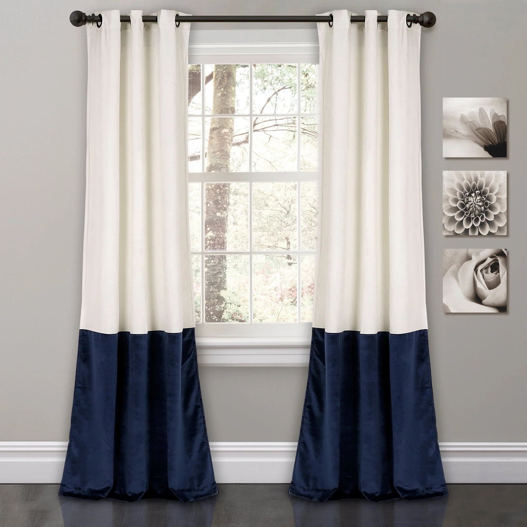 Prima Velvet Color Block Room Darkening White and Navy Window Panels