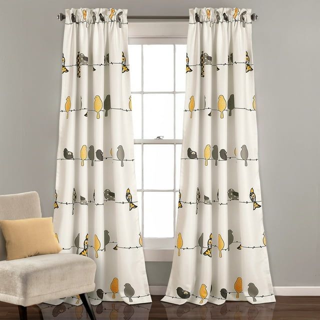 Gray and Yellow Polyester Bird Pattern Light Filtering Window Panels
