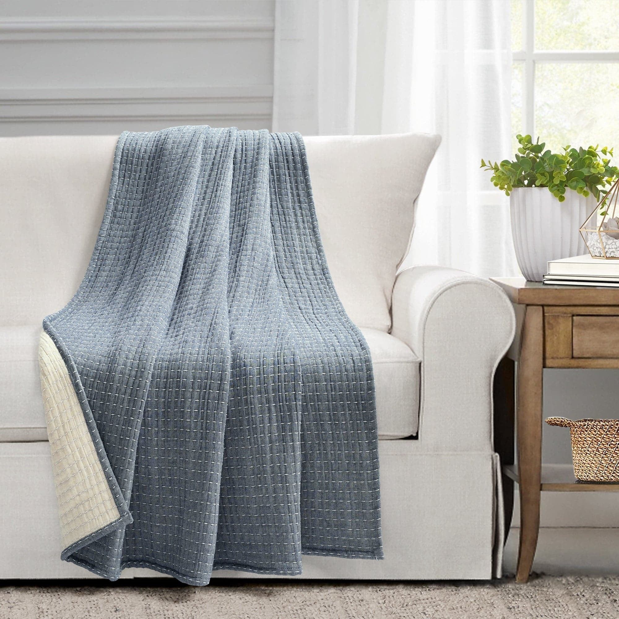 Navy and Off-White Reversible Cotton Woven Throw Blanket