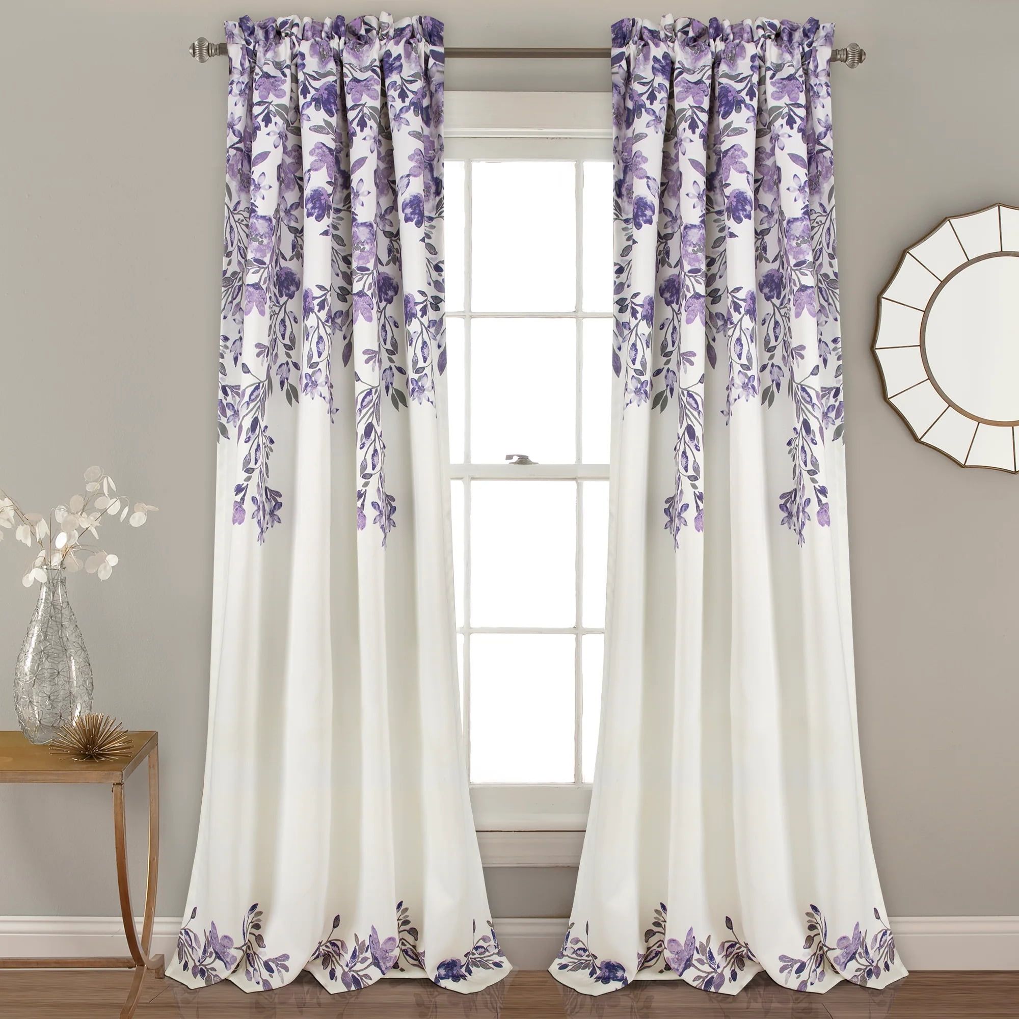 Tanisha Purple Gray Floral Room Darkening 95" x 52" Curtains