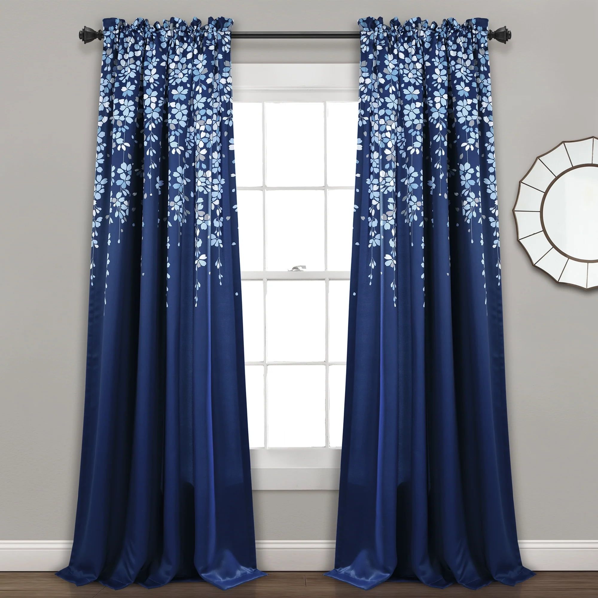 Navy Floral Polyester Blackout Window Curtain Panels, 52"W x 95"L + 2" Header