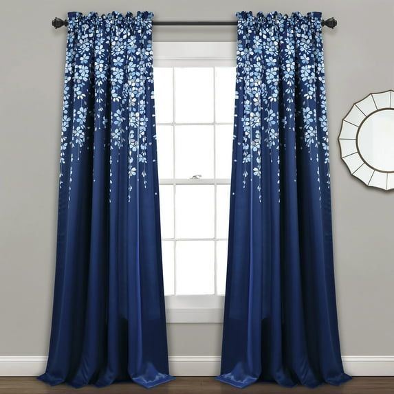 Navy Floral Polyester Blackout Window Curtain Panels, 52"W x 95"L + 2" Header