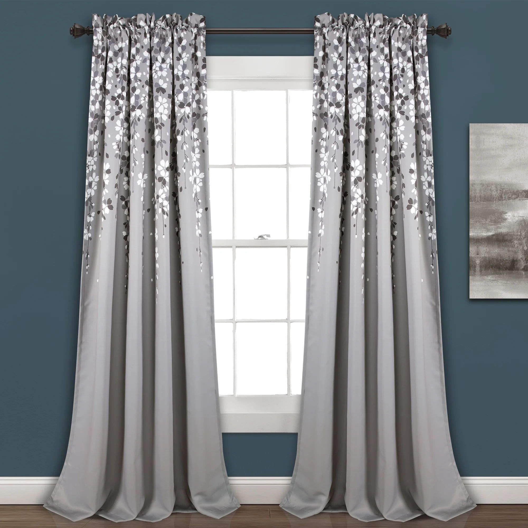 Gray Floral Polyester Blackout Window Curtain Panels, 52"W x 108"L