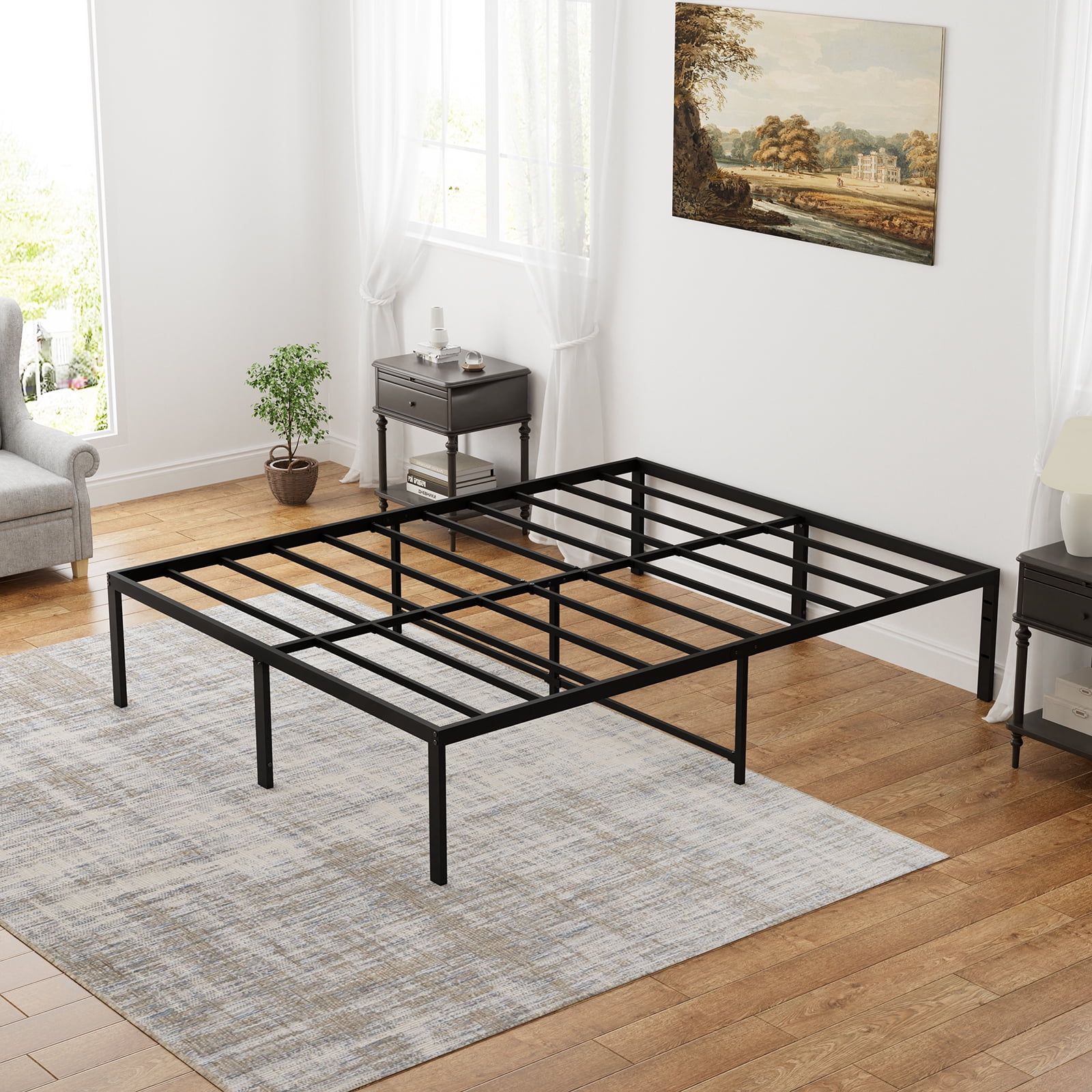 Black 18" Full Size Metal Platform Bed Frame with Slats