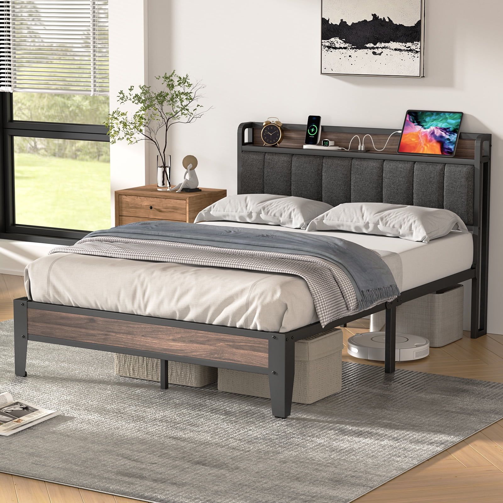 Full Dark Gray Upholstered Metal Bed Frame with Storage Headboard