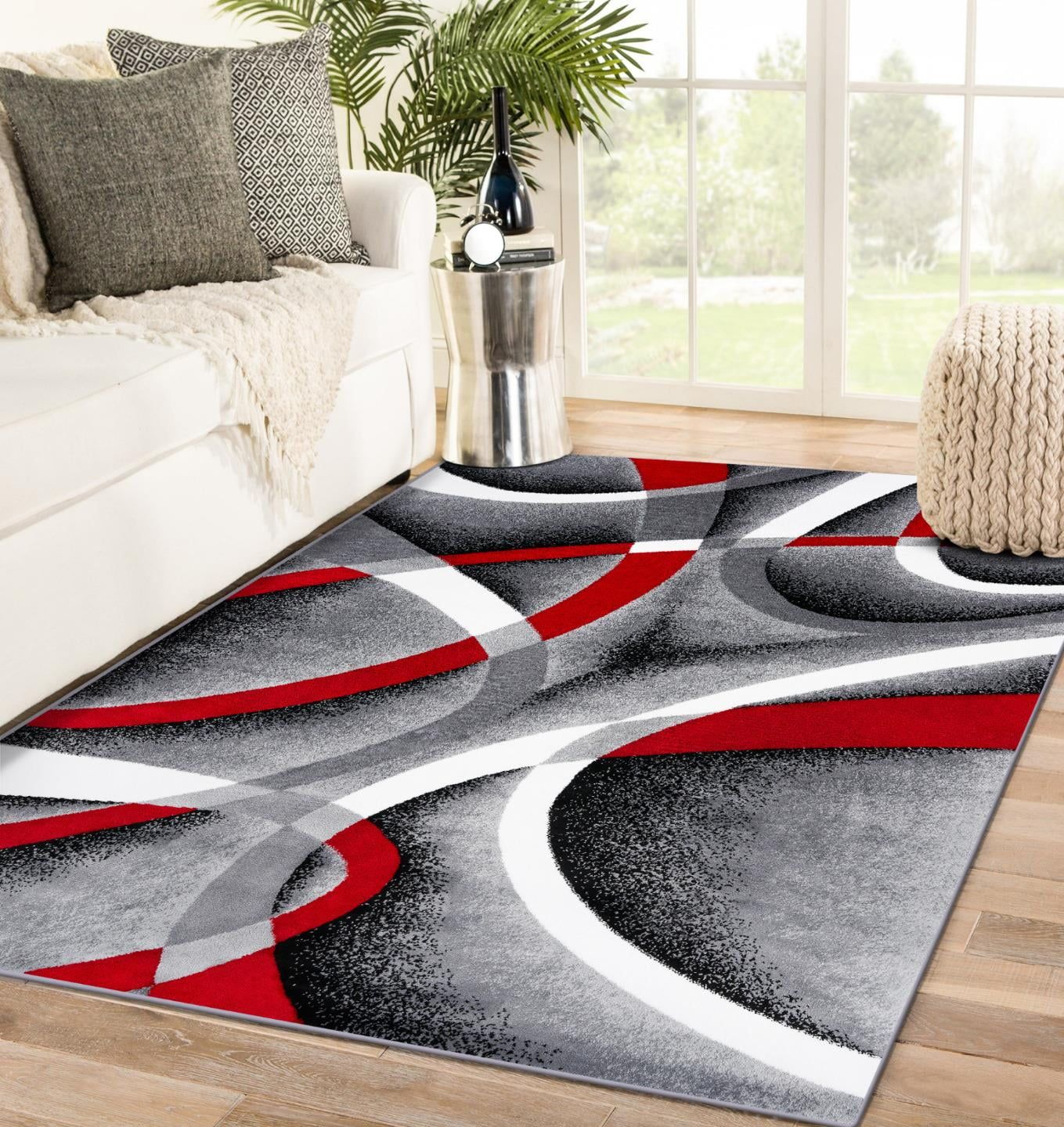 Gray and Red Abstract Geometric 5' x 7' Area Rug