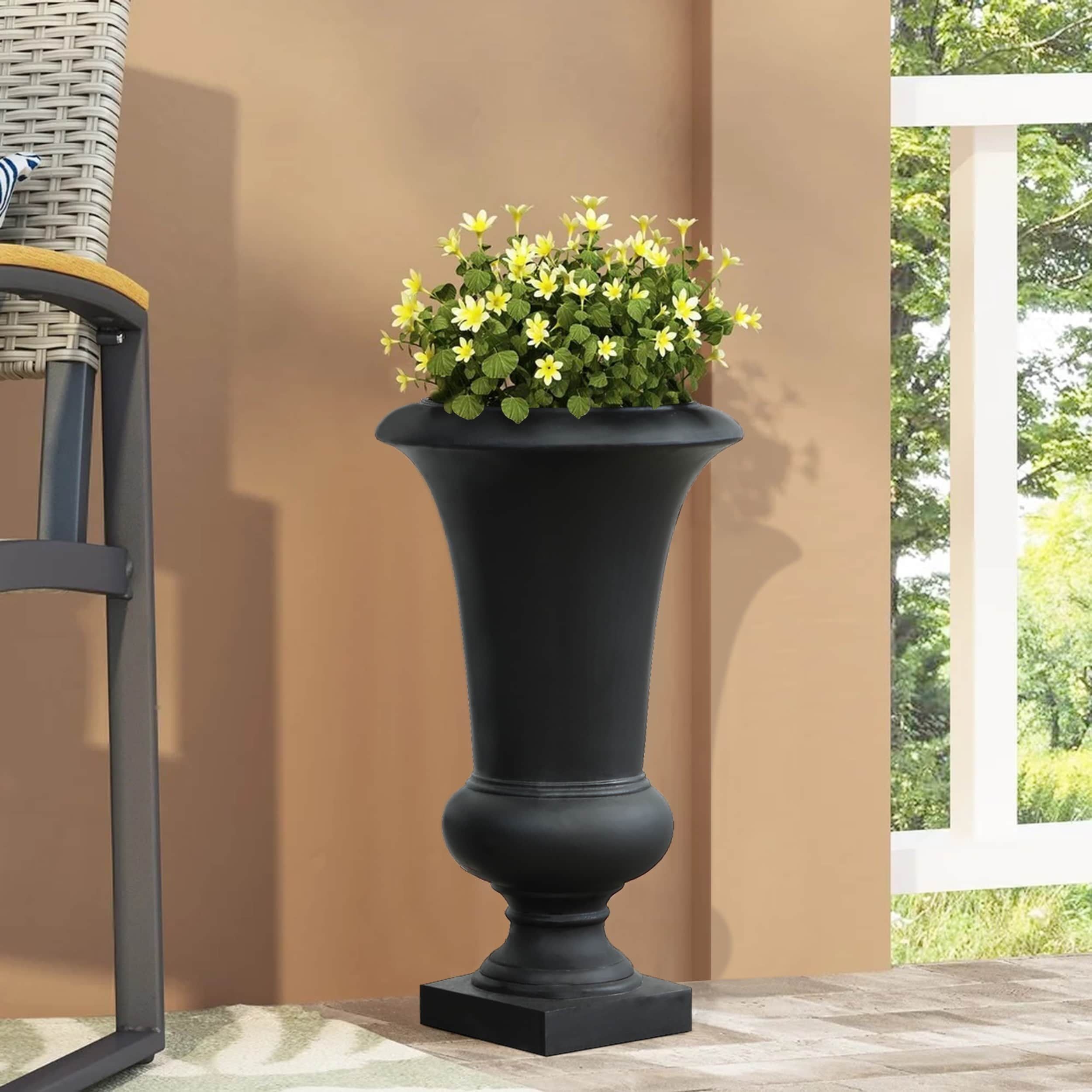 Tall Black Fiberstone Outdoor Urn Planter Pot