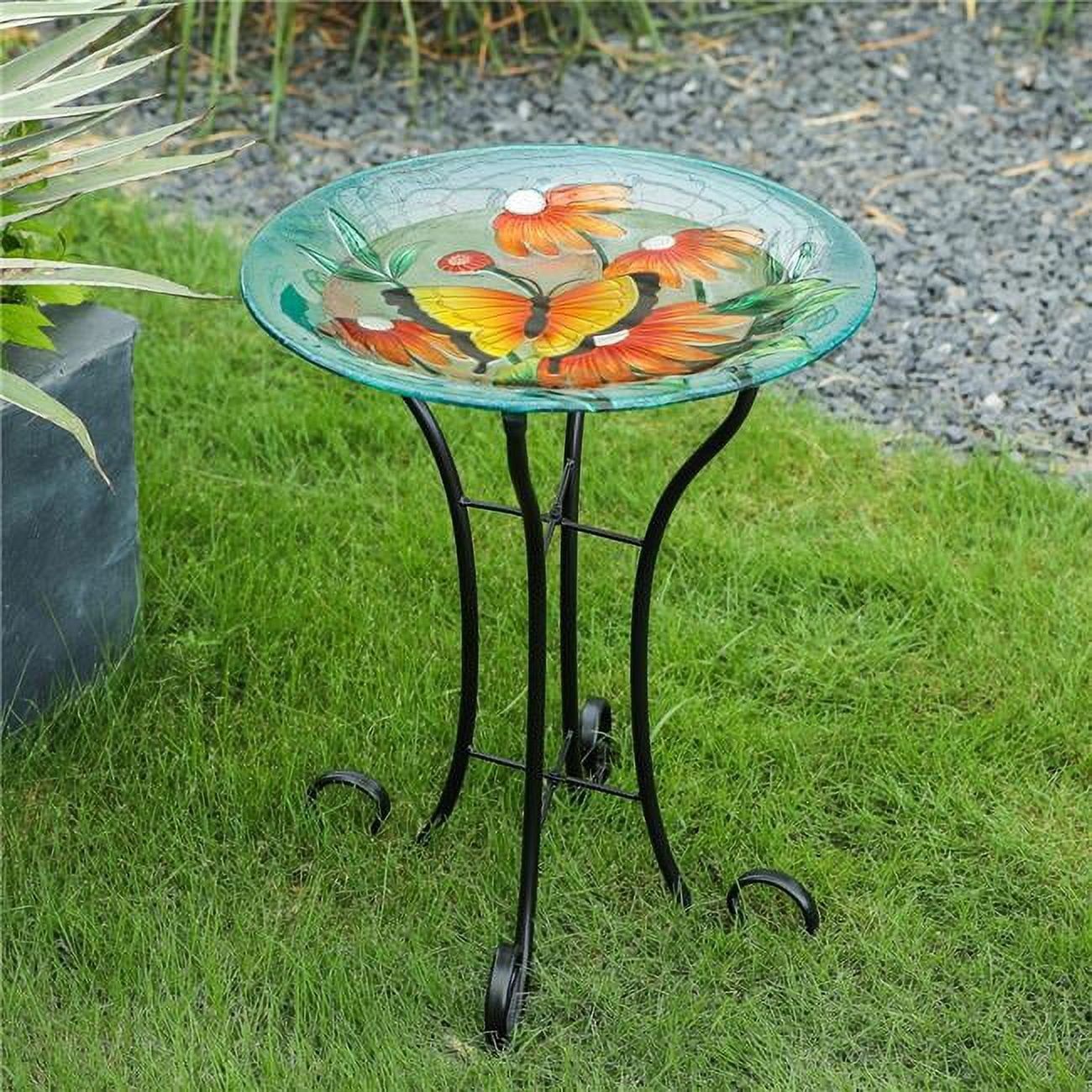 Butterfly and Flowers Glass Bird Bath with Metal Stand