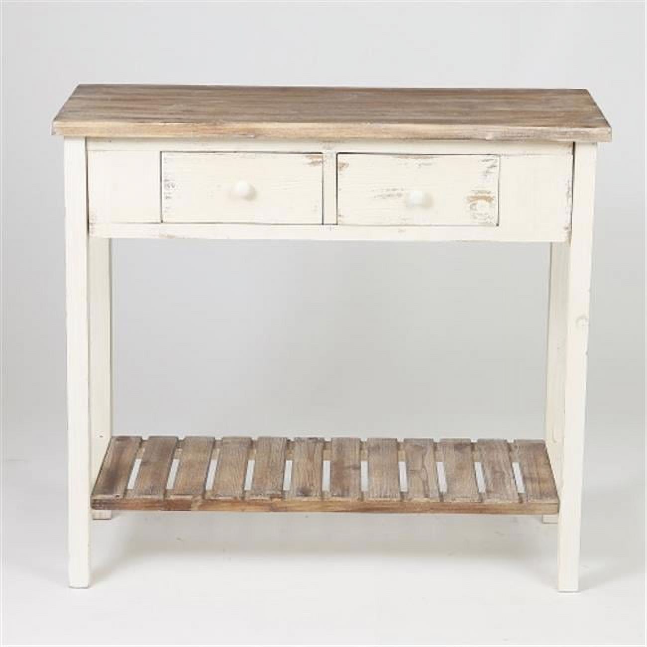 Vintage Distressed White and Natural Wood Console Table with Storage