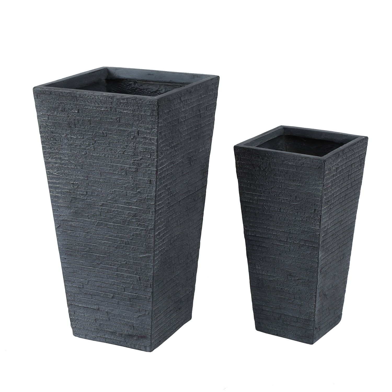 Modern Textured Gray Square Tapered MgO Planter Set, Indoor/Outdoor