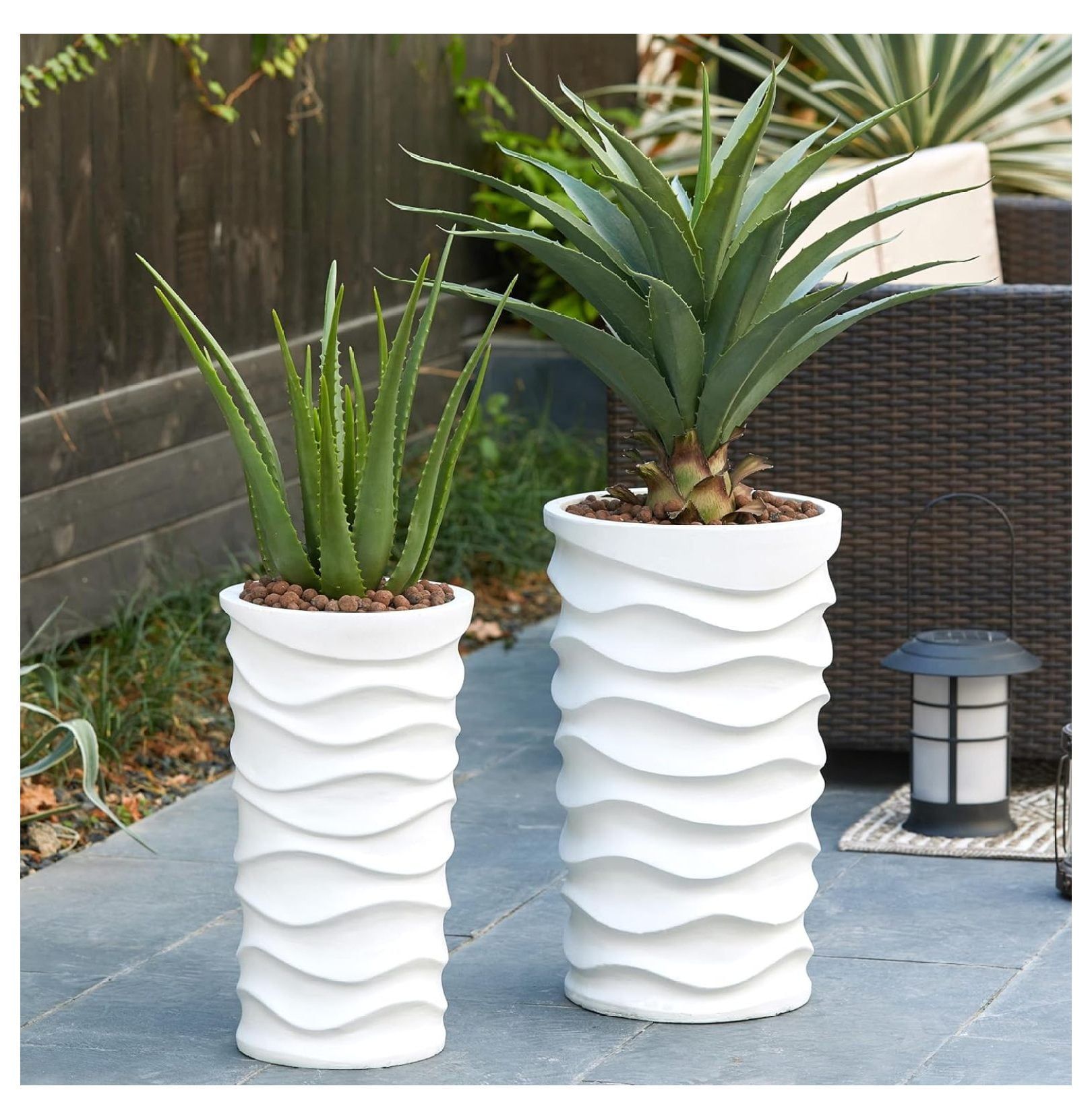 White MgO Tall Wave Pattern Indoor Outdoor Planters, Set of 2