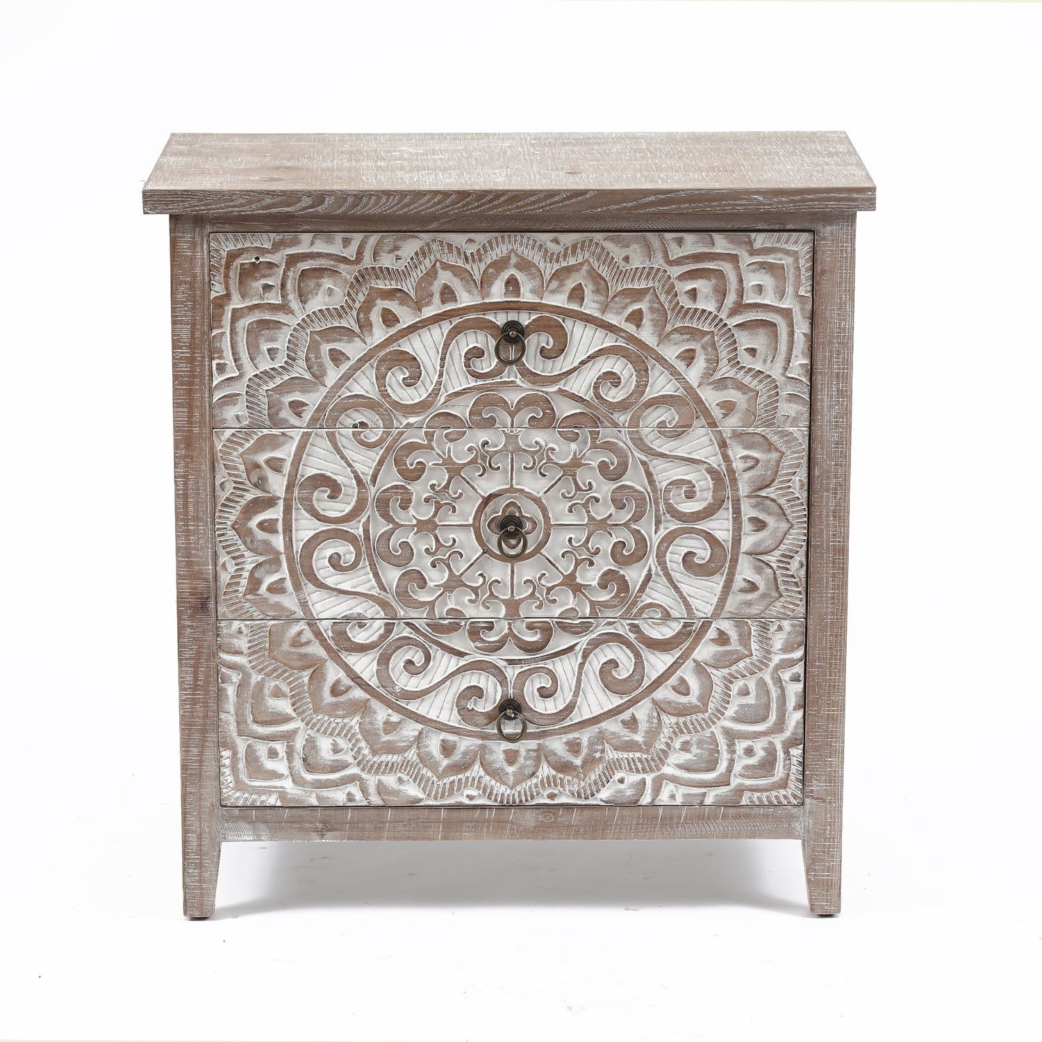 Rustic Whitewashed Fir Wood Floral Three-Drawer Chest