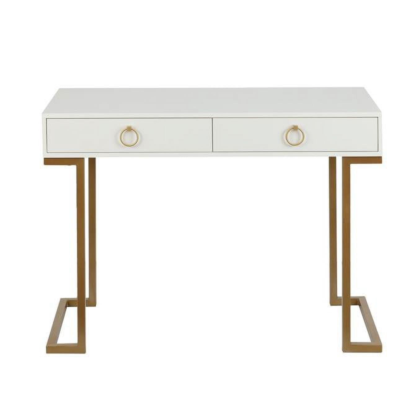 White Wood and Gold Metal Two Drawer Writing Desk